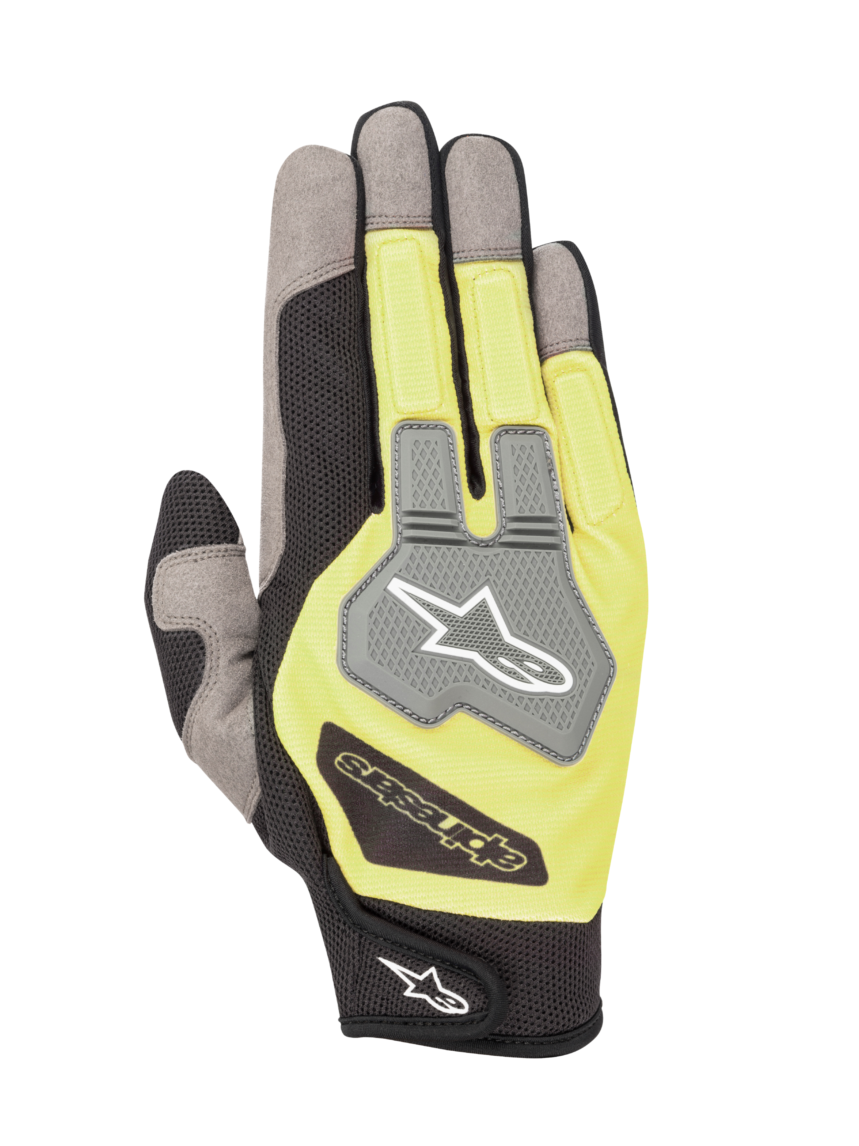 Alpinestars Engine Gloves, Karting and Mechanics Gloves, Black and Fluorescent Yellow, backhand view featuring grey mesh panels and a TPR knuckle guard with Alpinestars logo, lightweight and breathable multi-material construction