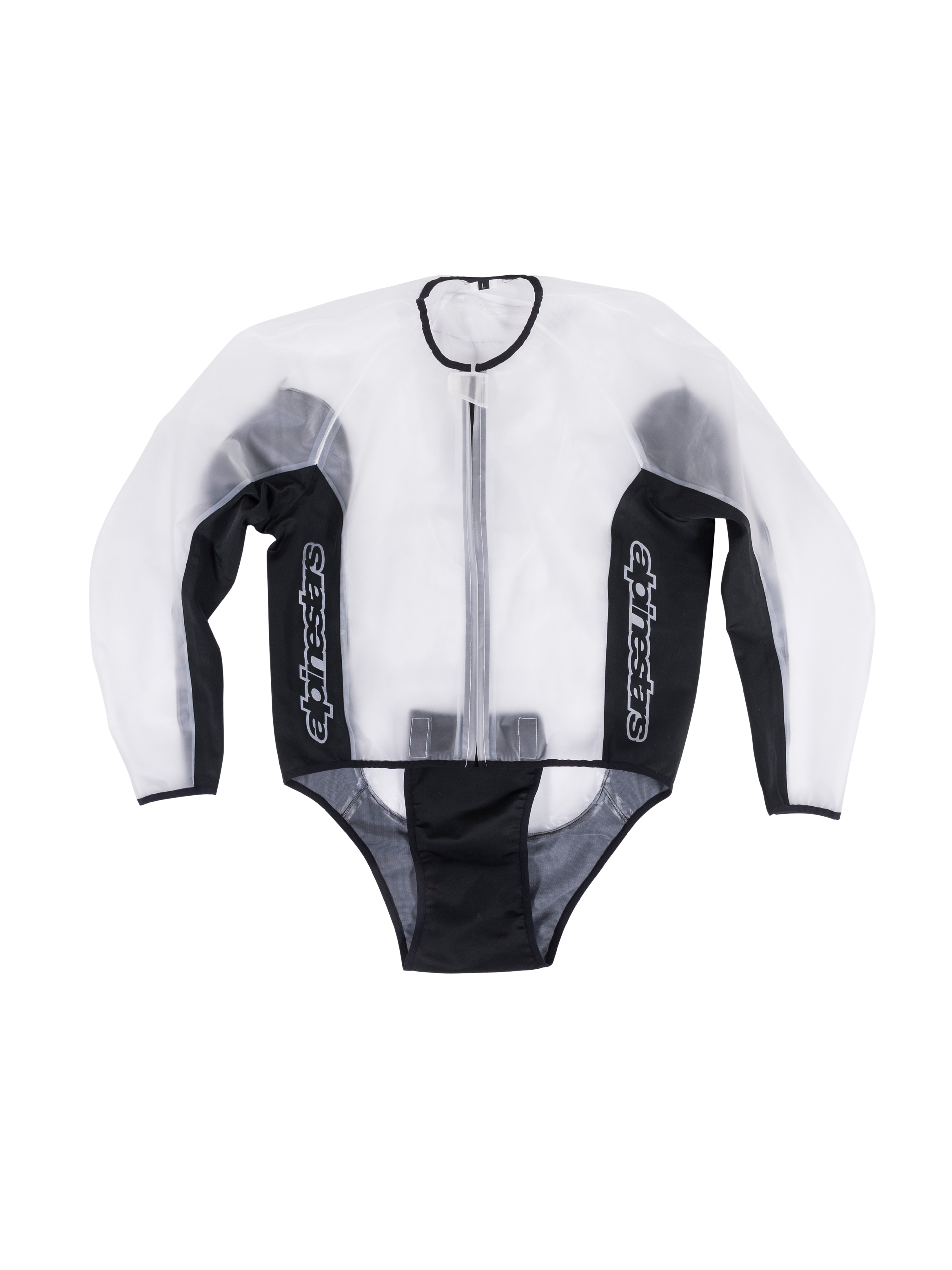 Alpinestars Racing Regenjacke, wasserdichte transparente Motorrad-Regenjacke, Transparent und Schwarz, weiße vertikale Logos auf den Seitenteilen, Frontreißverschluss, vorgeformtes Design für die Passform über Ledersuits, funktionale Regenbekleidung für die Rennstrecke