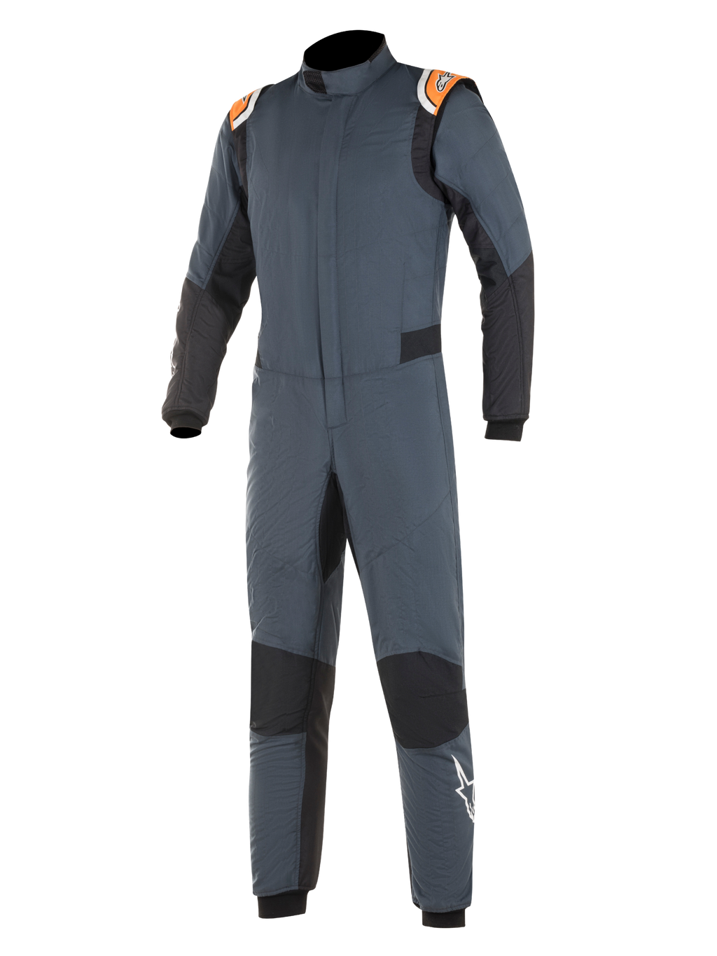 Alpinestars Hypertech Anzug, Auto-Rennanzug, Asphaltgrau und Schwarz mit Akzenten in Orange Fluo, mit schwarzen Stretcheinsätzen, orangefarbenen Schulter-Epauletten mit Branding und weißem Stern-Logo auf dem Bein, professionelle zweilagige feuerfeste Konstruktion für Motorsport-Performance