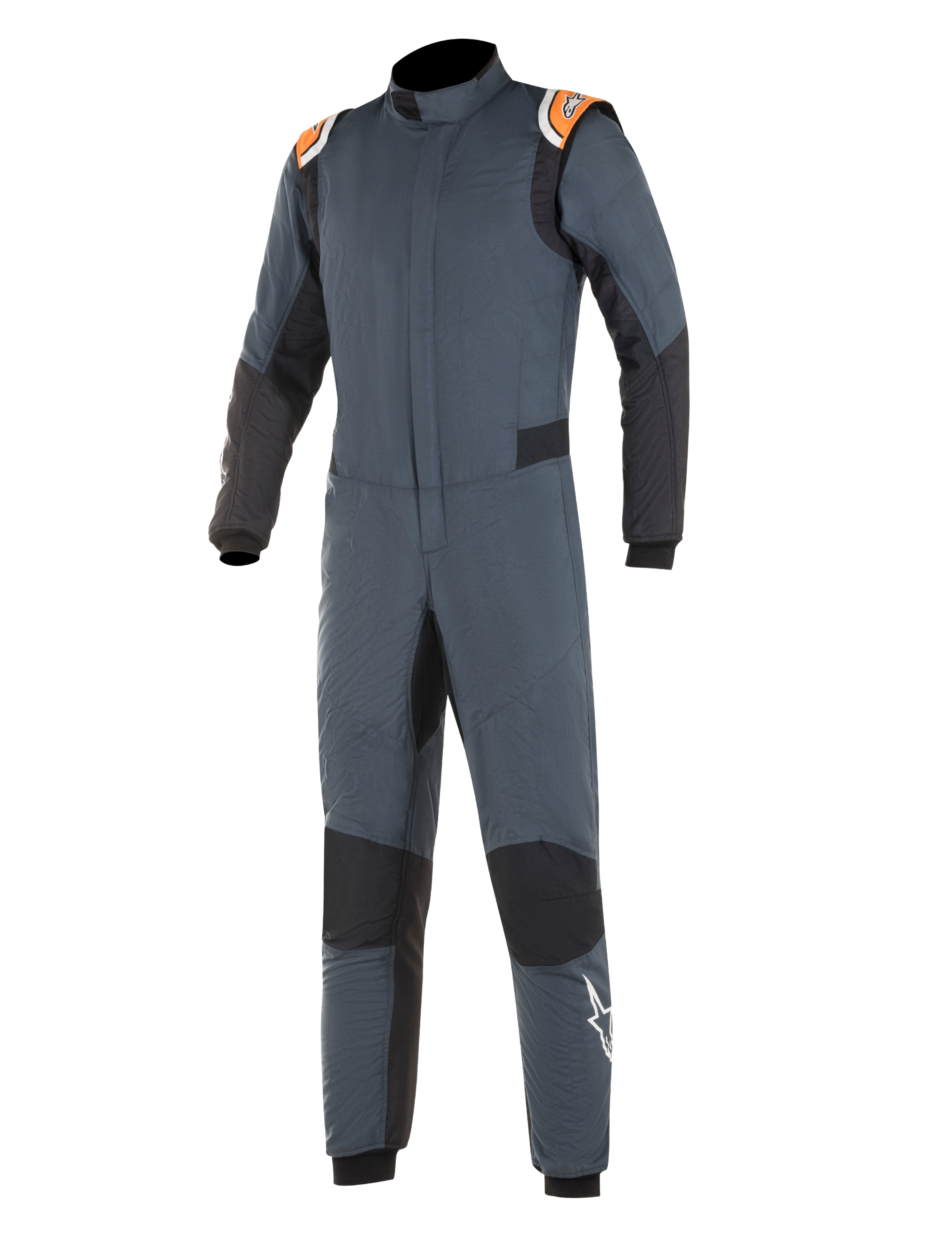 Alpinestars Hypertech Anzug, Auto-Rennanzug, Asphaltgrau und Schwarz mit Akzenten in Orange Fluo, mit schwarzen Stretcheinsätzen, orangefarbenen Schulter-Epauletten mit Branding und weißem Stern-Logo auf dem Bein, professionelle zweilagige feuerfeste Konstruktion für Motorsport-Performance