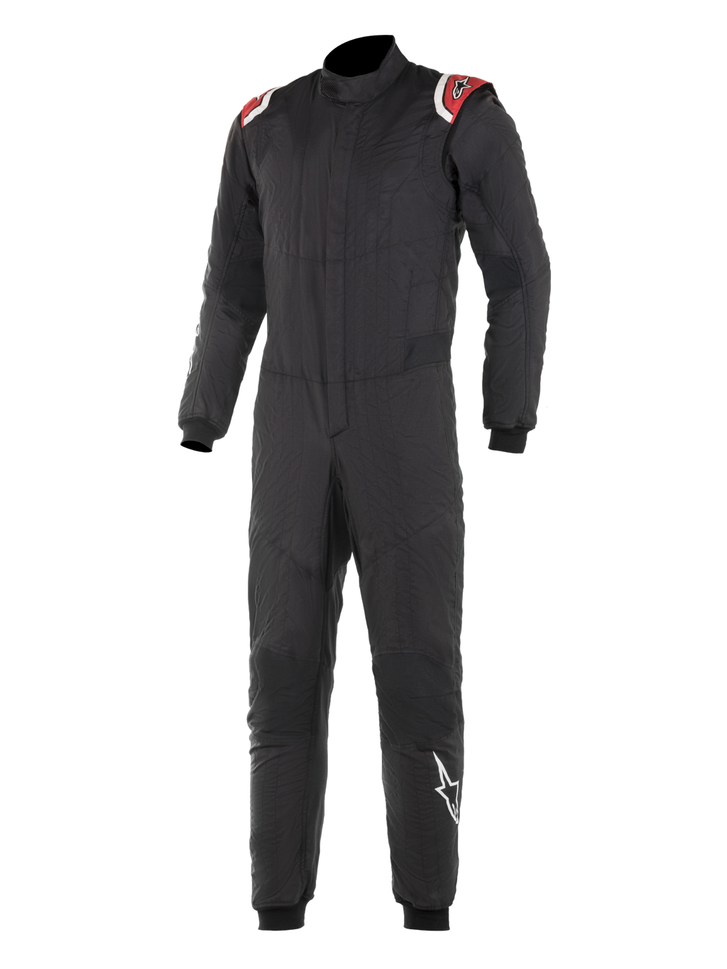 Alpinestars Hypertech Anzug, Professioneller Rennanzug für den Automobilsport, Schwarz mit roten und weißen Schulterakzenten, gesteppte zweilagige Konstruktion, hoher Kragen, körpernahes Design mit gerippten Bündchen, FIA-zertifizierter Motorsport-Schutz