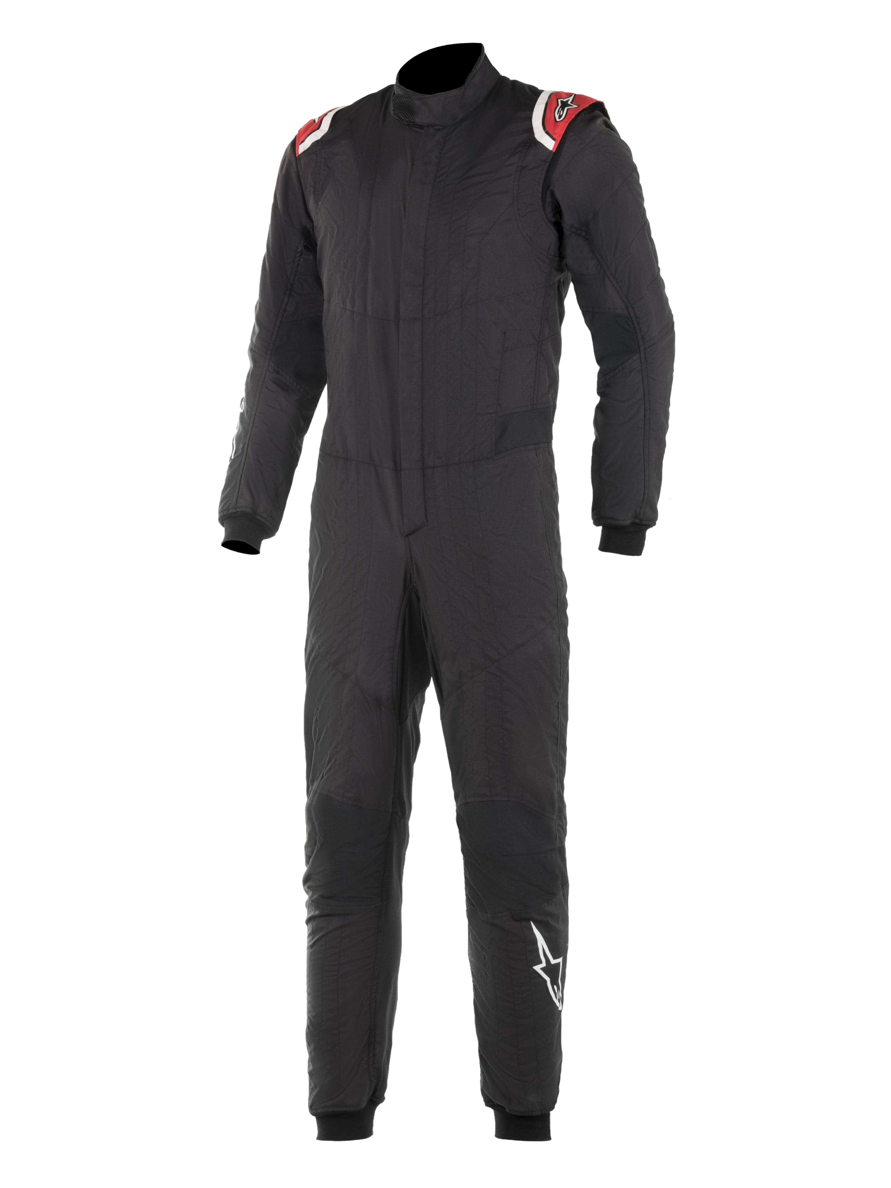 Alpinestars Hypertech Anzug, Professioneller Rennanzug für den Automobilsport, Schwarz mit roten und weißen Schulterakzenten, gesteppte zweilagige Konstruktion, hoher Kragen, körpernahes Design mit gerippten Bündchen, FIA-zertifizierter Motorsport-Schutz