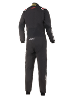 Alpinestars Hypertech Anzug, Automobil-Rennanzug, Schwarz mit roten und weißen Akzenten, Rückansicht mit rotem Stern-Logo am oberen Rücken, Hypertech-Branding am unteren Rücken, professionelles einteiliges Design für den Motorsport.