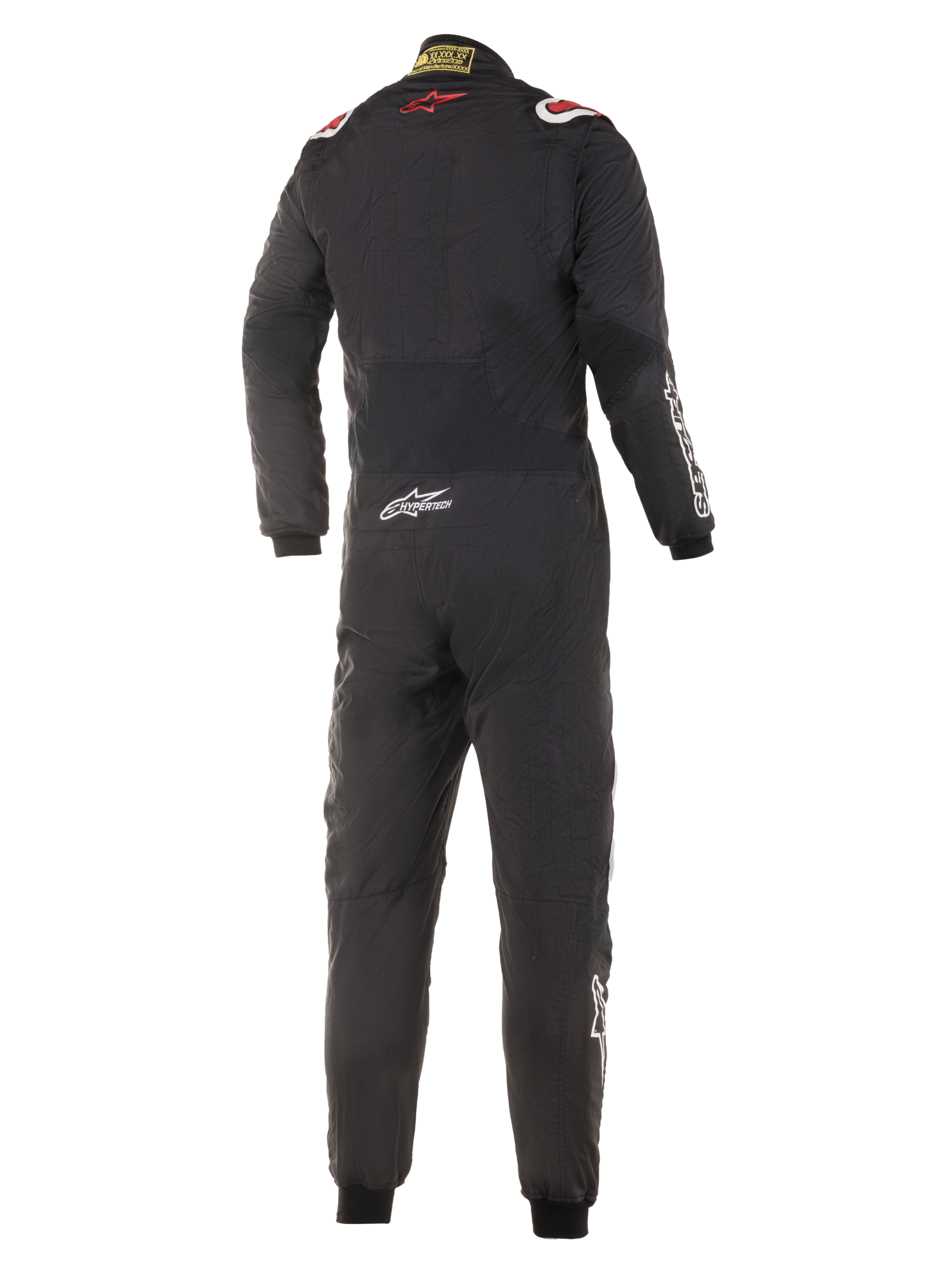 Alpinestars Hypertech Anzug, Automobil-Rennanzug, Schwarz mit roten und weißen Akzenten, Rückansicht mit rotem Stern-Logo am oberen Rücken, Hypertech-Branding am unteren Rücken, professionelles einteiliges Design für den Motorsport.