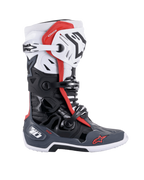 Alpinestars Tech 10 Supervented Boots, Motocross Boots, Black White Mid Gray and Red, side profile view featuring multiple buckle closures, ventilated panels, and red Alpinestars logos, technical off-road footwear design