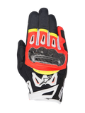 Alpinestars SMX-2 Air Carbon V2 Handschuhe, kurze Motorradhandschuhe, Schwarz mit fluoreszierendem Rot, Weißen und Gelben Akzenten, Carbon-Knöchelschutz, 3D-Mesh-Einsätze zur Belüftung, Lederkonstruktion, sportliches Road-Riding-Design
