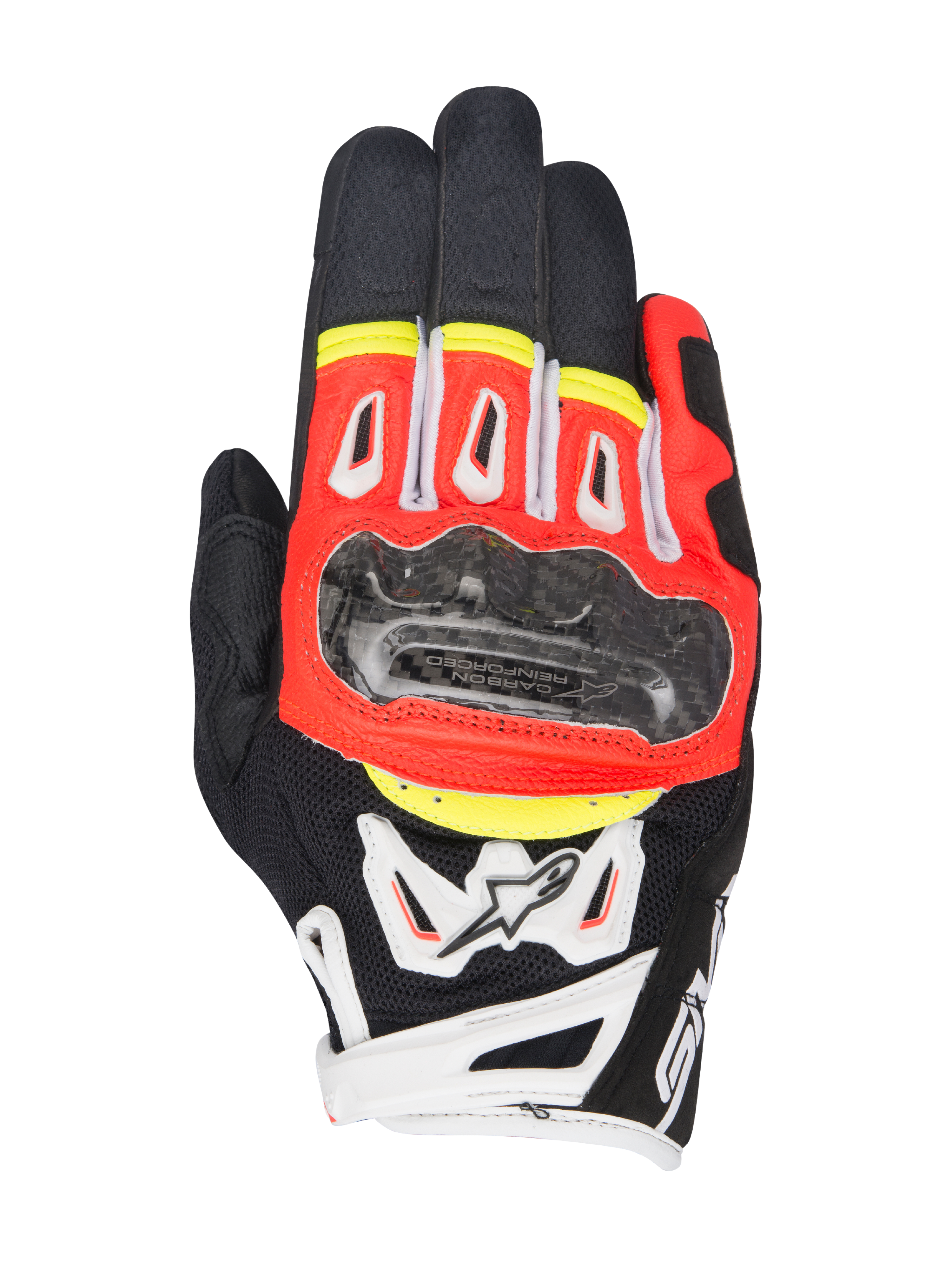 Alpinestars SMX-2 Air Carbon V2 Handschuhe, kurze Motorradhandschuhe, Schwarz mit fluoreszierendem Rot, Weißen und Gelben Akzenten, Carbon-Knöchelschutz, 3D-Mesh-Einsätze zur Belüftung, Lederkonstruktion, sportliches Road-Riding-Design