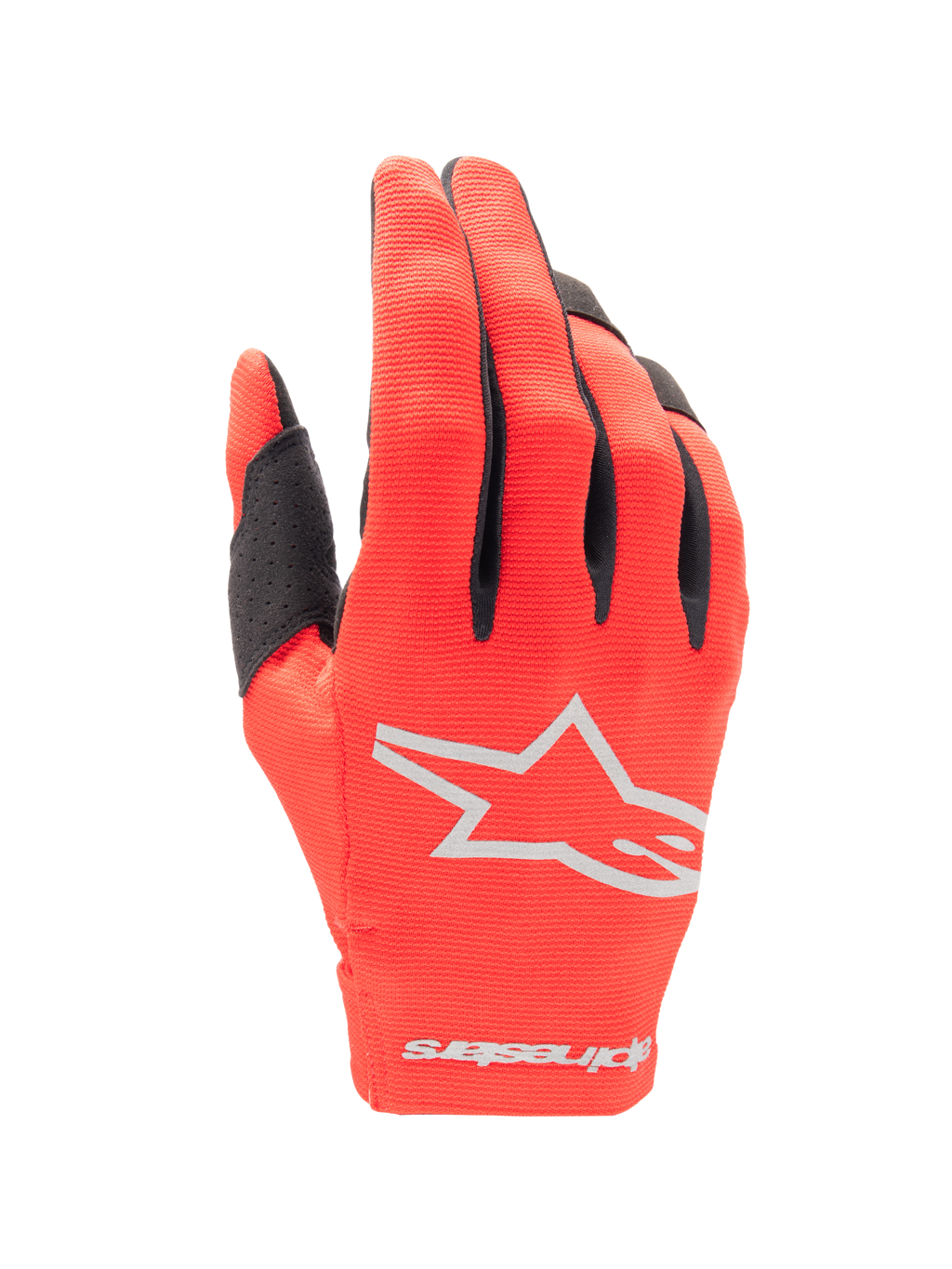 Alpinestars Radar Handschuhe 2025, Motocross-Handschuhe, Mars-Rot und Silber, Rückansicht mit silbernem Stern-Logo, schwarzen Fingerakzenten und flexiblem Stretchgewebe für den Offroad-Rennsport