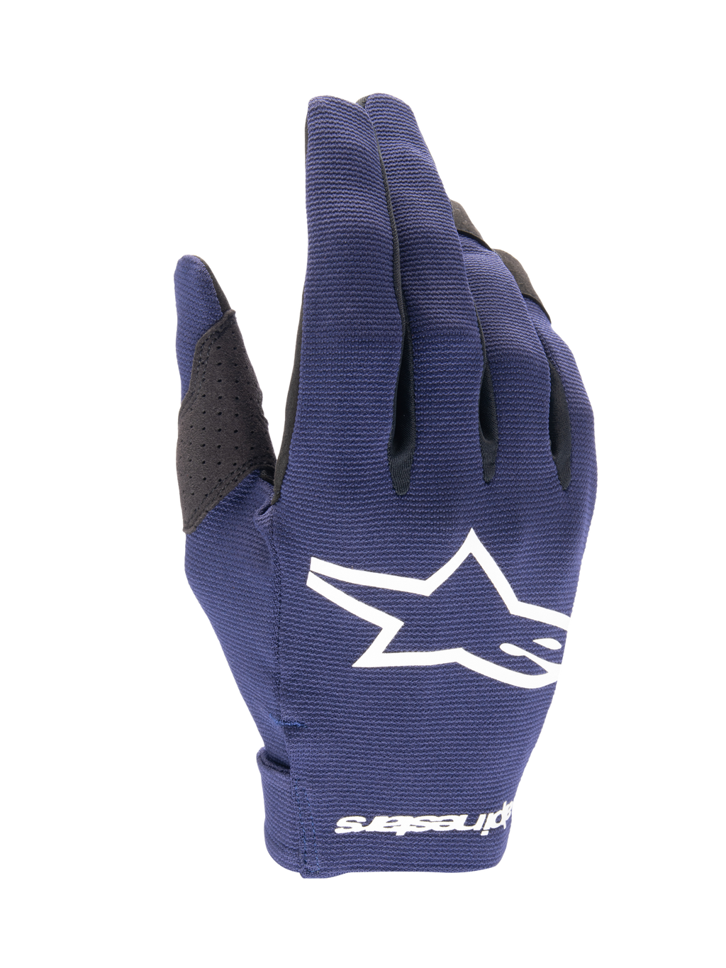 Alpinestars 2025 Radar Handschuhe, Motocross-Handschuhe, Night Navy und Weiß, strukturierter dunkelblauer Stoff mit großem weißen Stern-Logo, weißes Branding am Handgelenk, leichtes Design für den Offroad-Rennsport