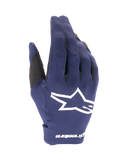 Alpinestars 2025 Radar Handschuhe, Motocross-Handschuhe, Night Navy und Weiß, strukturierter dunkelblauer Stoff mit großem weißen Stern-Logo, weißes Branding am Handgelenk, leichtes Design für den Offroad-Rennsport