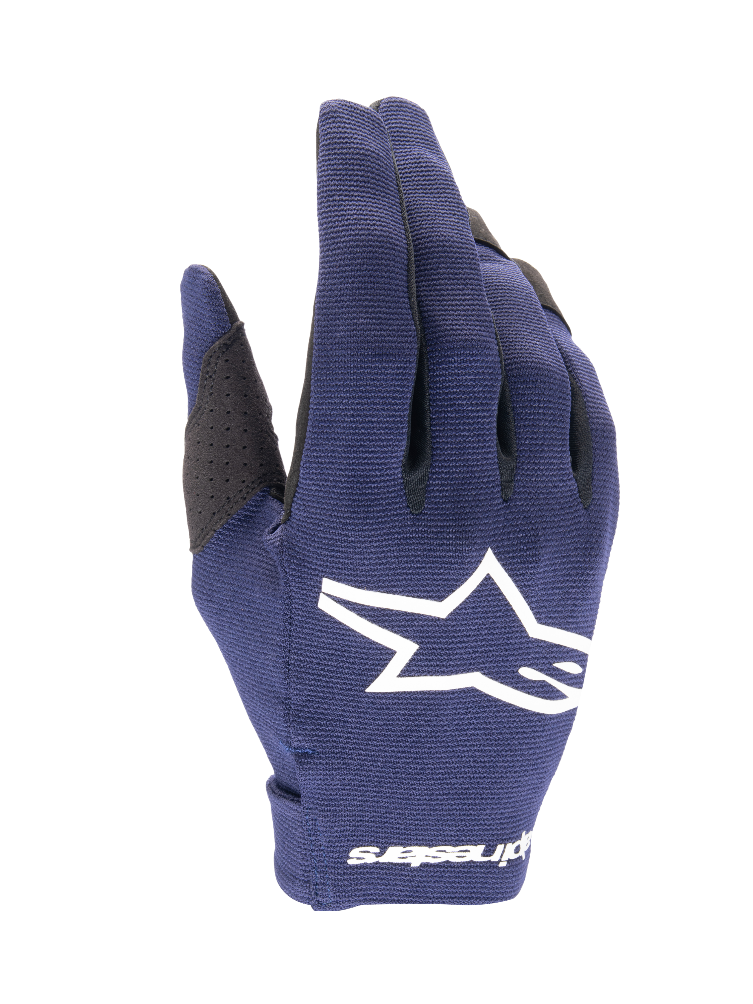 Alpinestars 2025 Radar Handschuhe, Motocross-Handschuhe, Night Navy und Weiß, strukturierter dunkelblauer Stoff mit großem weißen Stern-Logo, weißes Branding am Handgelenk, leichtes Design für den Offroad-Rennsport