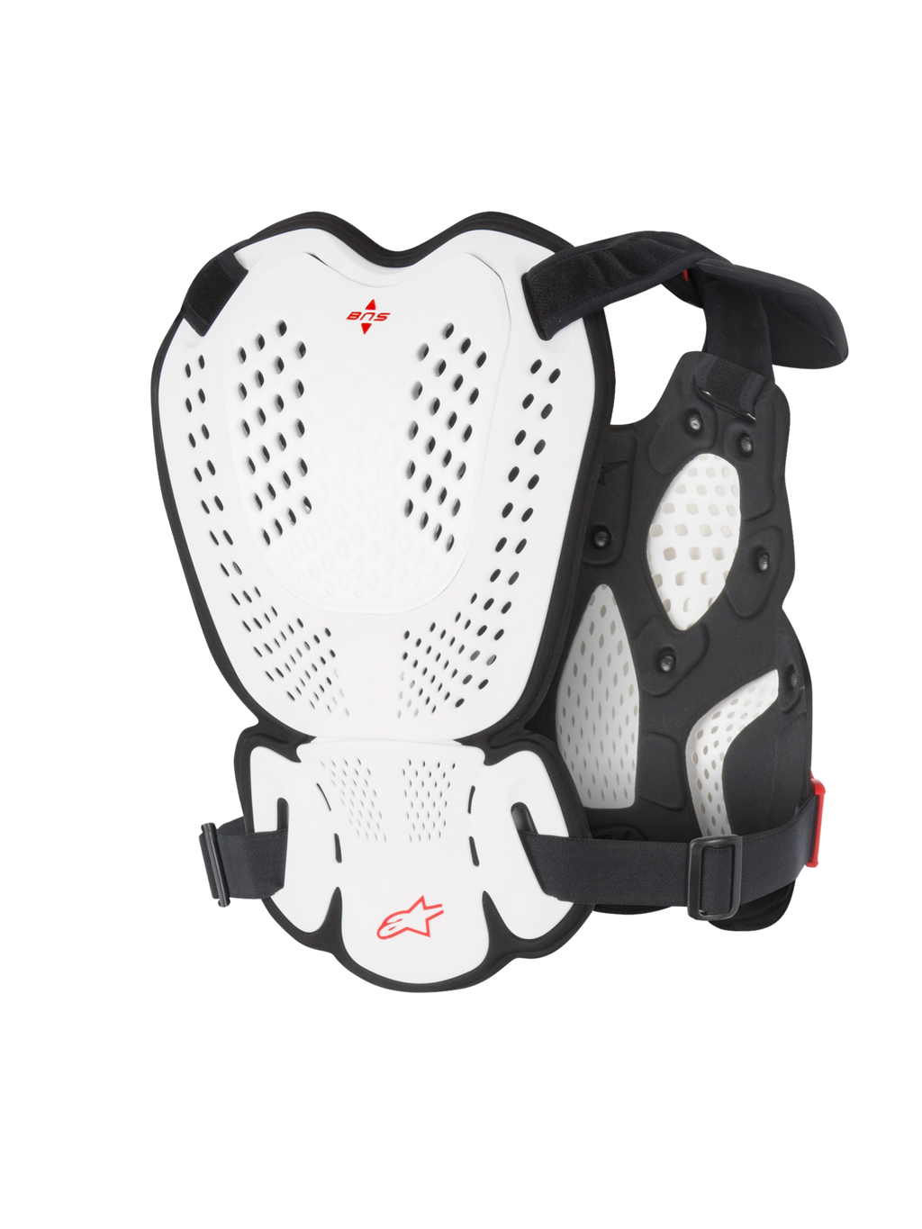 Alpinestars A-1 Roost Guard, Motocross-Brust- und Rückenprotektor, Weiß und Schwarz mit rotem Alpinestars-Logo, perforierte Hartschalenplatten, Bio-Schaum-Polsterung, Rückansicht mit schützender Abdeckung für Motocross- und Offroad-Fahrten