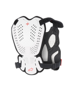 Alpinestars A-1 Roost Guard, Motocross-Brust- und Rückenprotektor, Weiß und Schwarz mit rotem Alpinestars-Logo, perforierte Hartschalenplatten, Bio-Schaum-Polsterung, Rückansicht mit schützender Abdeckung für Motocross- und Offroad-Fahrten