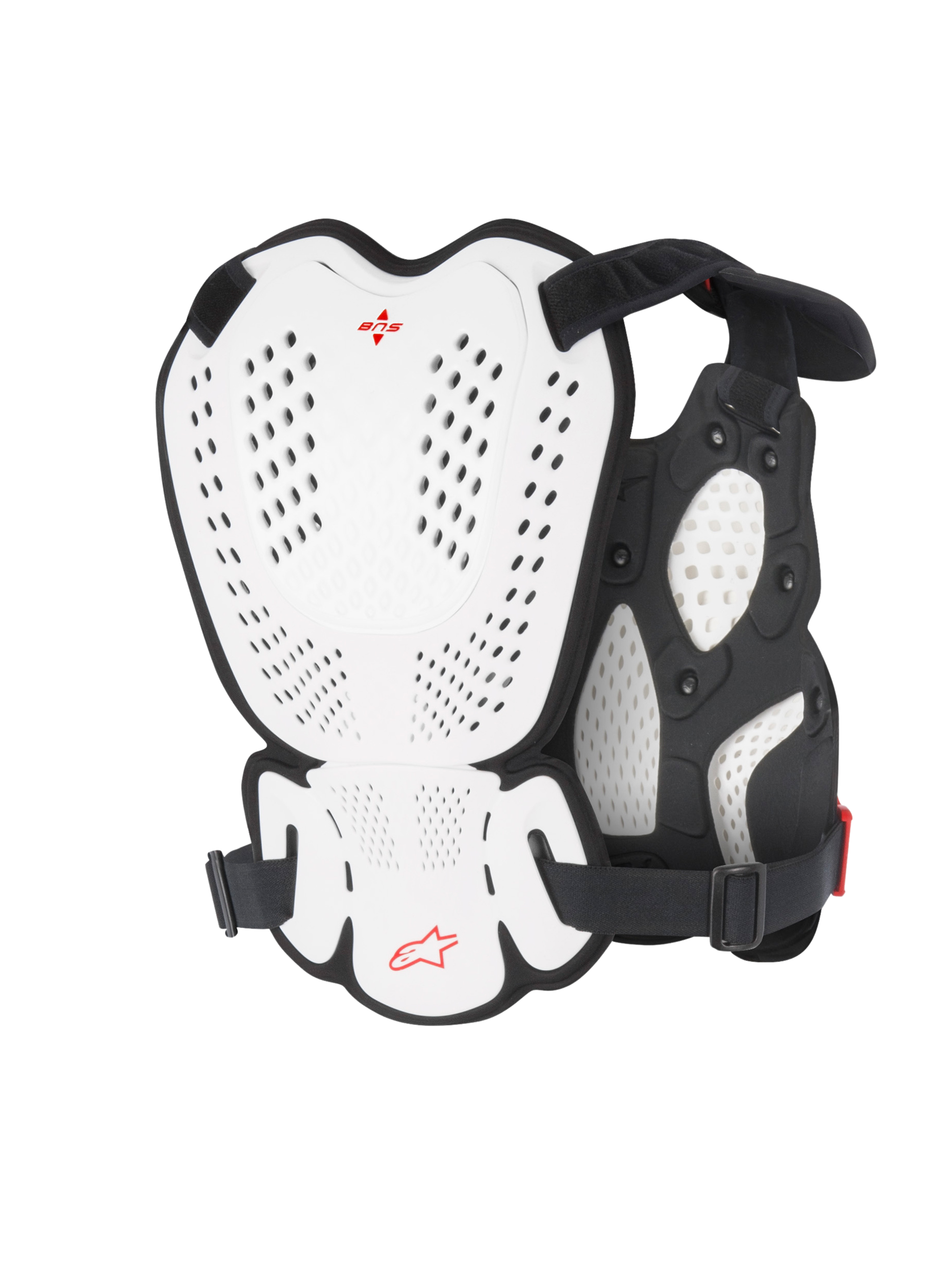 Alpinestars A-1 Roost Guard, Motocross-Brust- und Rückenprotektor, Weiß und Schwarz mit rotem Alpinestars-Logo, perforierte Hartschalenplatten, Bio-Schaum-Polsterung, Rückansicht mit schützender Abdeckung für Motocross- und Offroad-Fahrten
