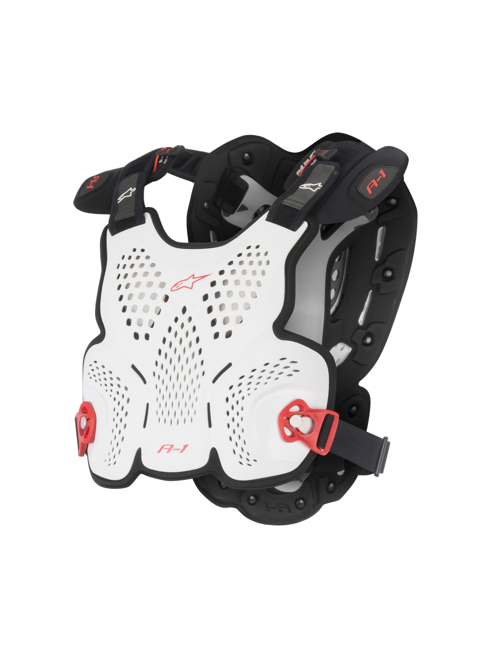 Alpinestars A-1 Roost Guard, Motocross-Brustpanzer, Weiß und Schwarz mit roten Akzenten, perforierte Hartschale für Belüftung, rote verstellbare Seitenschnallen, leichtes körpernahes Design für den Offroad-Einsatz