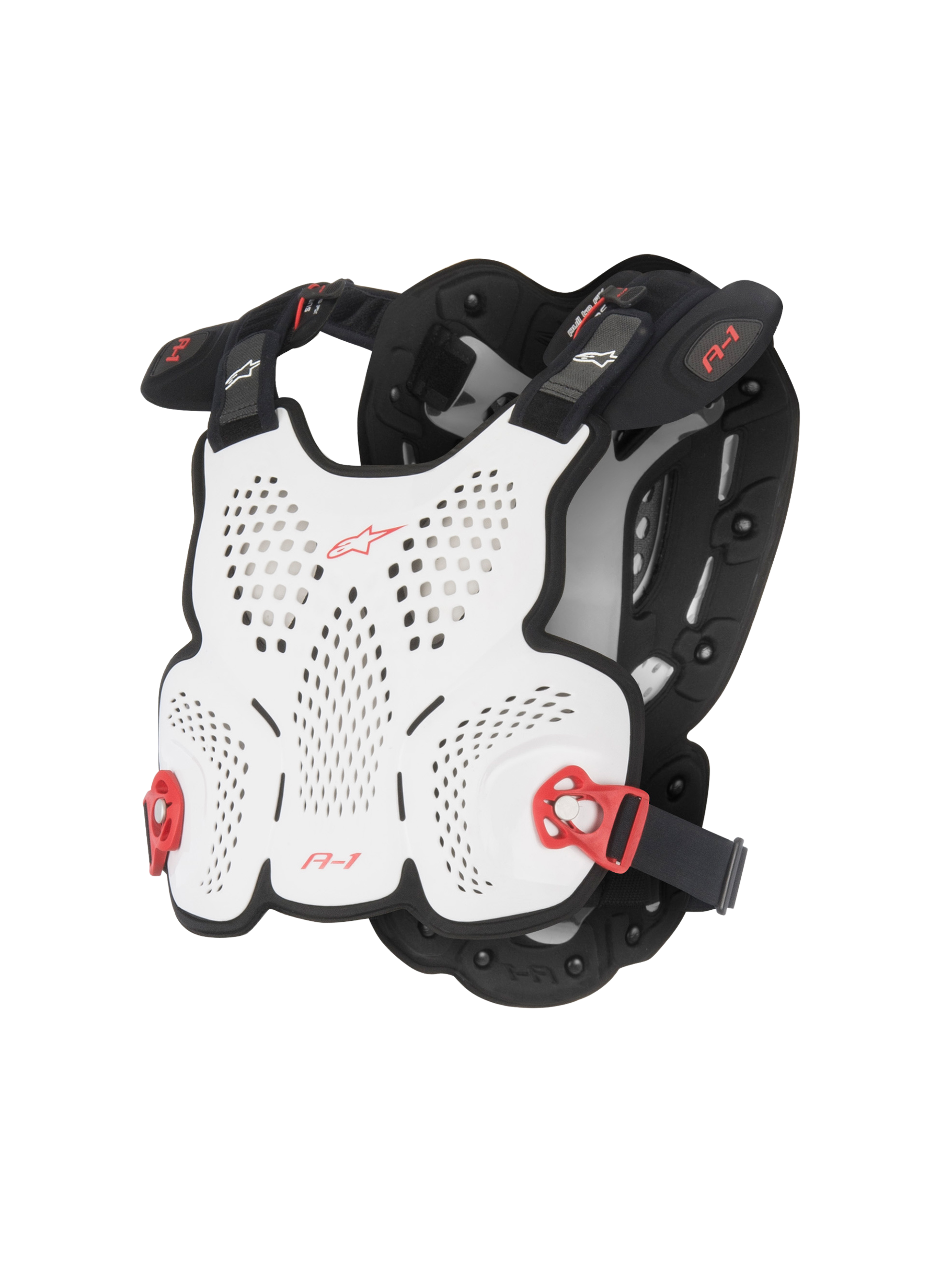 Alpinestars A-1 Roost Guard, Motocross-Brustpanzer, Weiß und Schwarz mit roten Akzenten, perforierte Hartschale für Belüftung, rote verstellbare Seitenschnallen, leichtes körpernahes Design für den Offroad-Einsatz