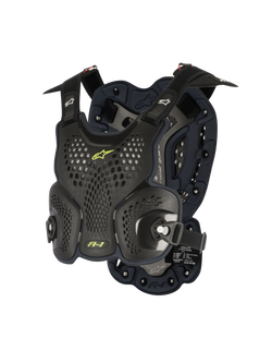 Alpinestars A-1 Roost Guard, Motocross Chest Protector, Black Anthracite with neon yellow accents, perforated honeycomb hard-shell plates, bio-foam padding, adjustable straps, lightweight off-road body armor