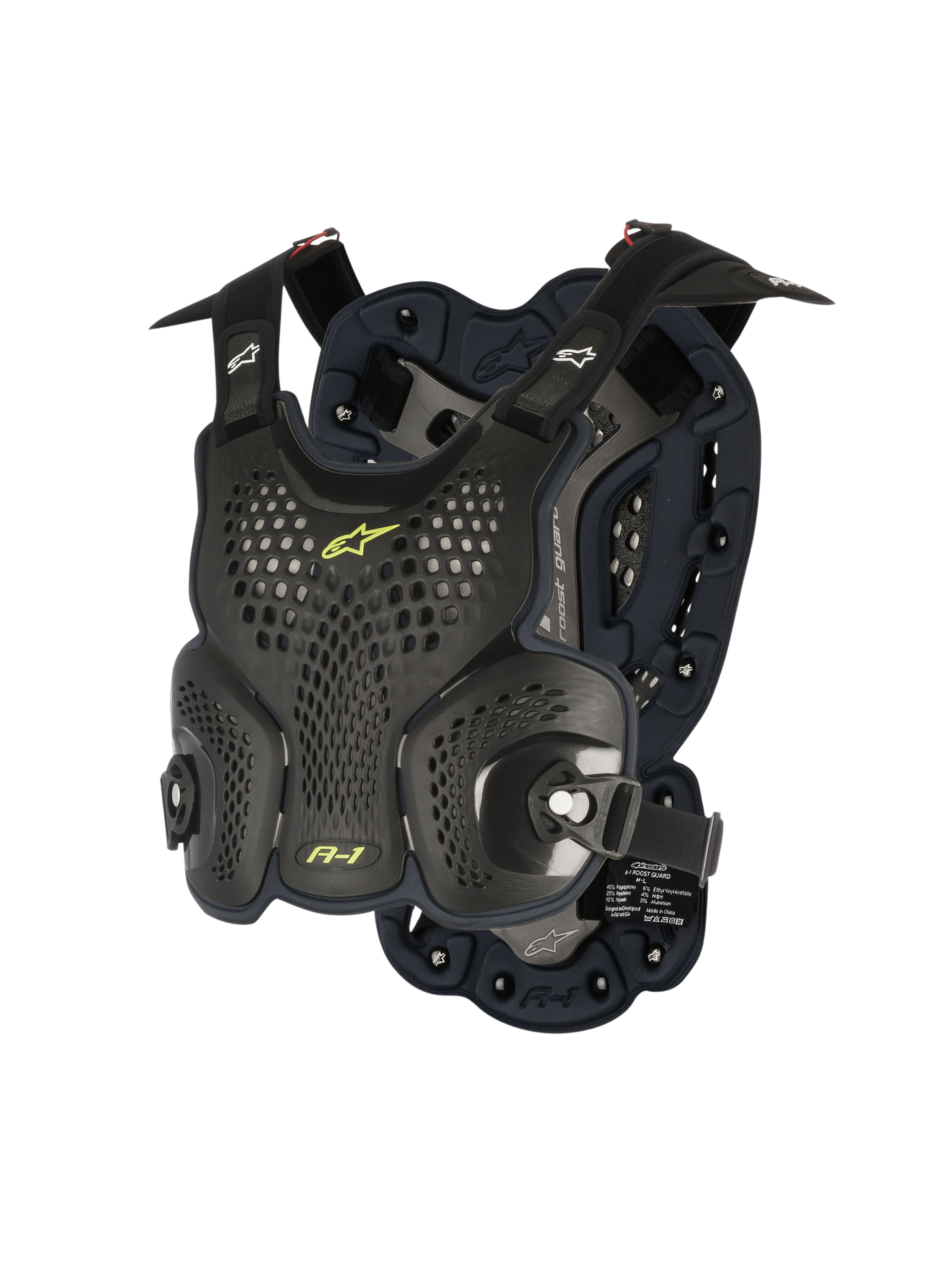 Alpinestars A-1 Roost Guard, Motocross Chest Protector, Black Anthracite with neon yellow accents, perforated honeycomb hard-shell plates, bio-foam padding, adjustable straps, lightweight off-road body armor