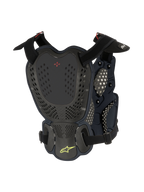 Alpinestars A-1 Roost Guard, Motocross Brust- und Rückenprotektor, Schwarz Anthrazit, Rückansicht mit perforierten Hartschalenplatten, rotem BNS-Logo und limonengrünem Alpinestars-Sternlogo, verstellbare Riemen für Offroad-Schutz