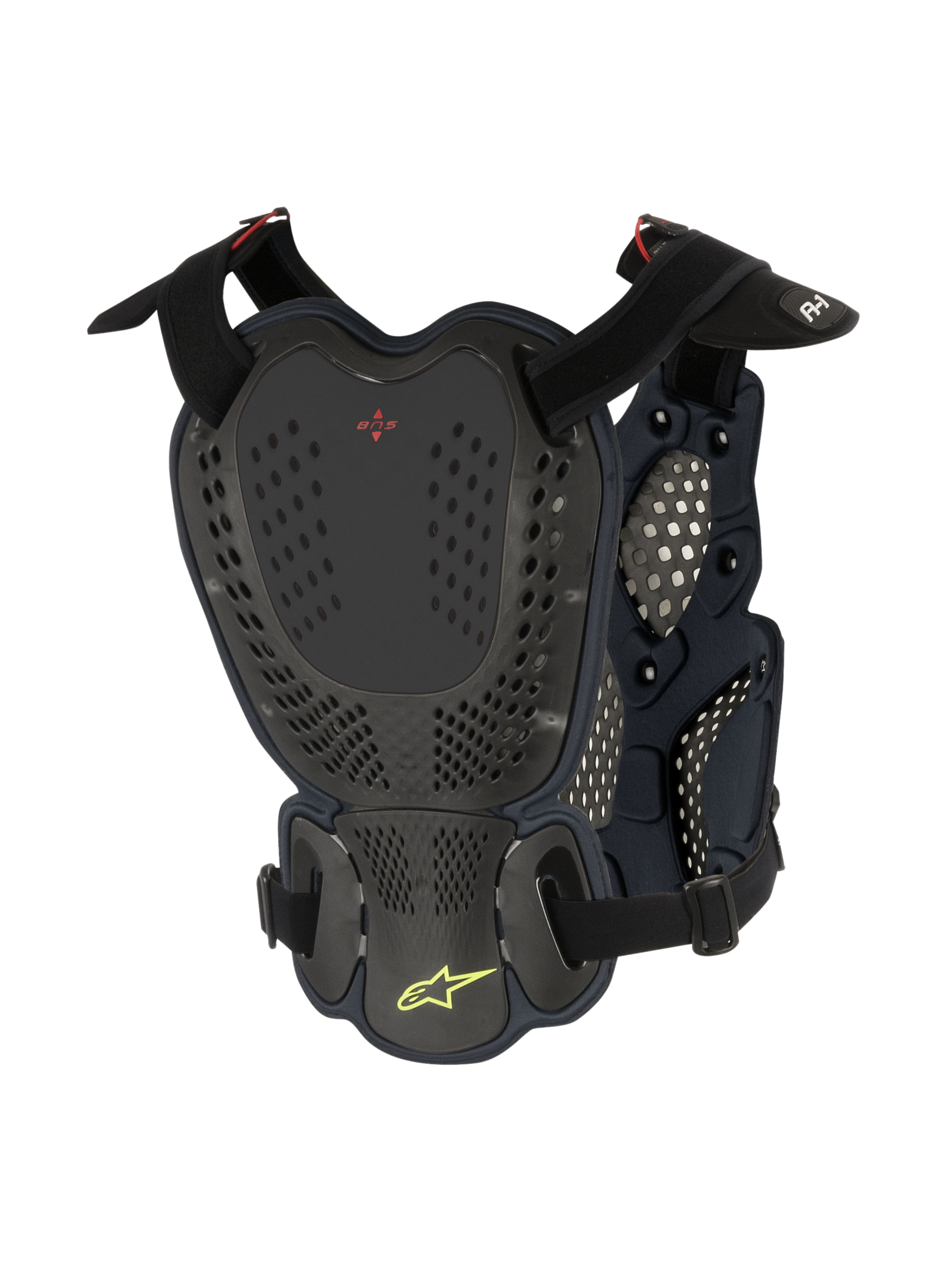 Alpinestars A-1 Roost Guard, Motocross Brust- und Rückenprotektor, Schwarz Anthrazit, Rückansicht mit perforierten Hartschalenplatten, rotem BNS-Logo und limonengrünem Alpinestars-Sternlogo, verstellbare Riemen für Offroad-Schutz