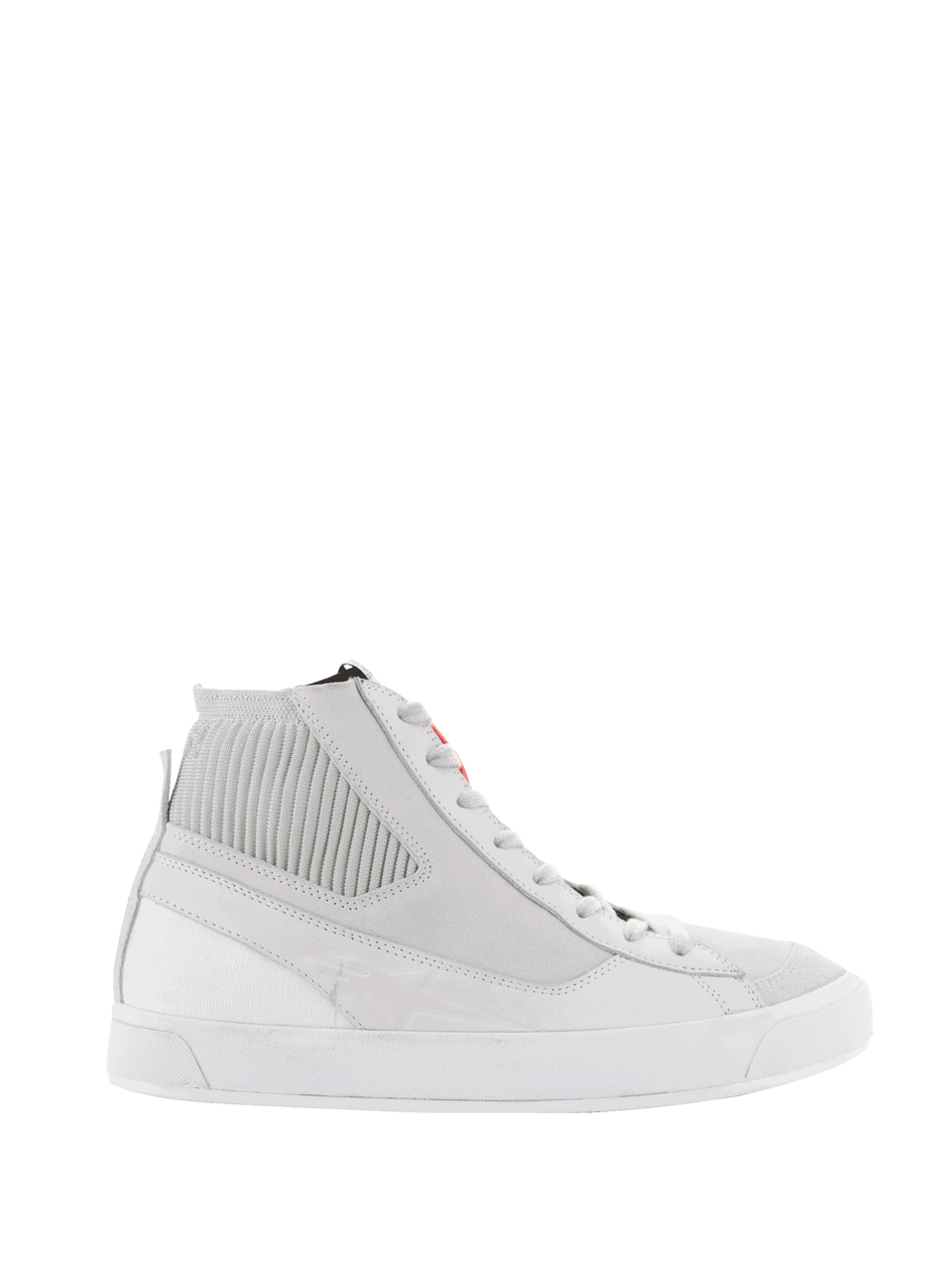 Alpinestars Stated Shoes, White High-Top Sneakers, Urban Lifestyle Footwear, White with Red Logo, Ribbed Ankle Collar, Smooth Leather Construction, Minimalist Design