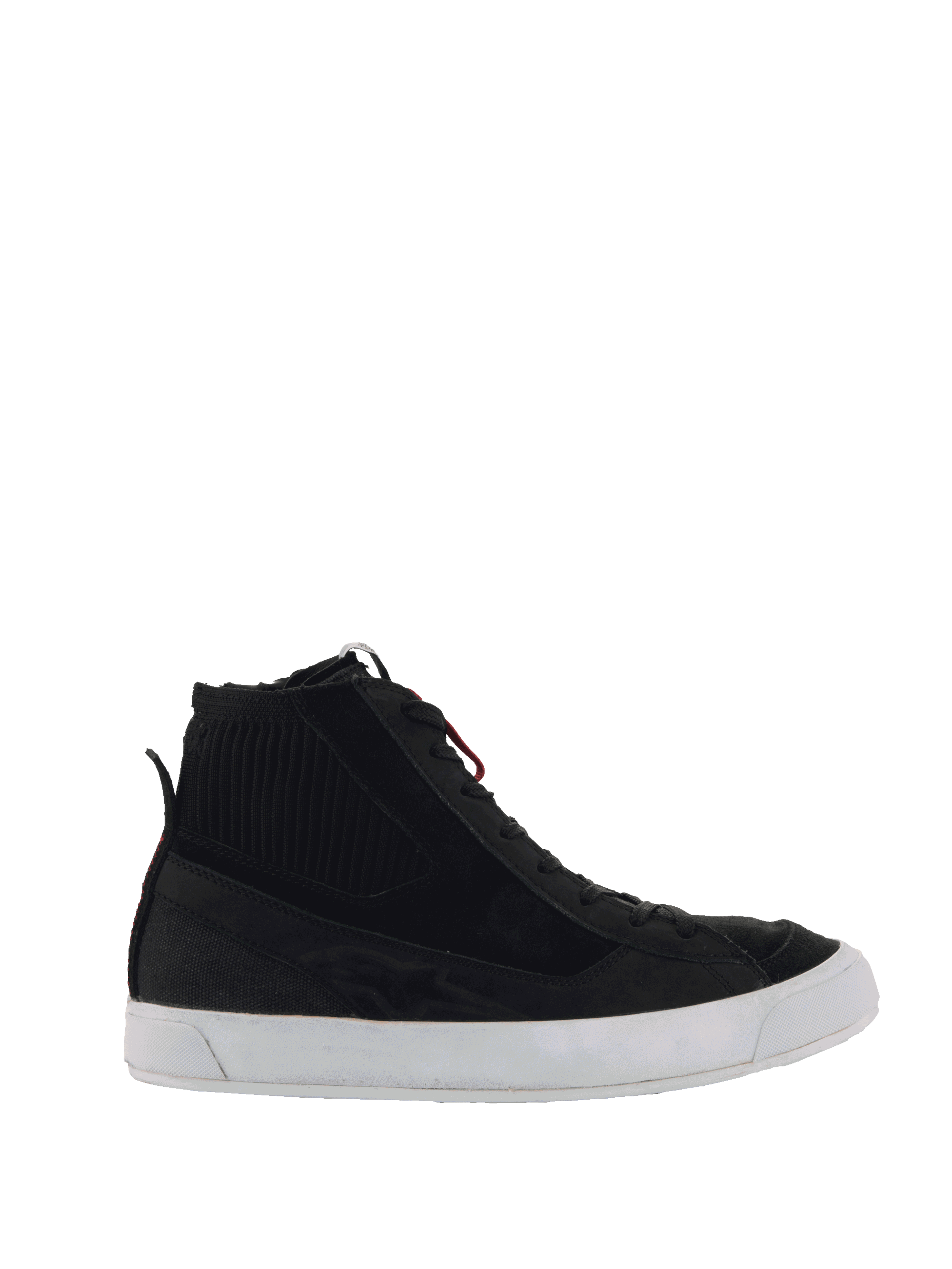 Alpinestars Stated Schuhe, urbane Motorrad-Sneaker in Schwarz und Weiß, mit riffelgestricktem Knöchelkragen und vulkanisierter Sohle.