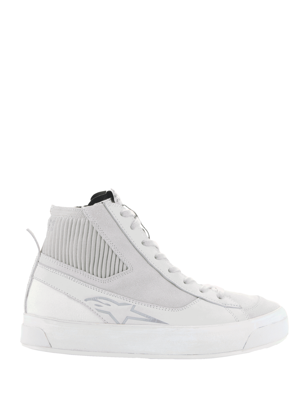 Alpinestars Stella Stated Podium Schuhe, Damen-High-Top-Fahrsneaker, Weiß und Cool Gray, mit dicker weißer vulkanisierter Sohle, geripptem Textil-Knöchelpanel, Schnürung und dezentem Logo-Detail, Retro-Urban-Skate-inspiriertes Design