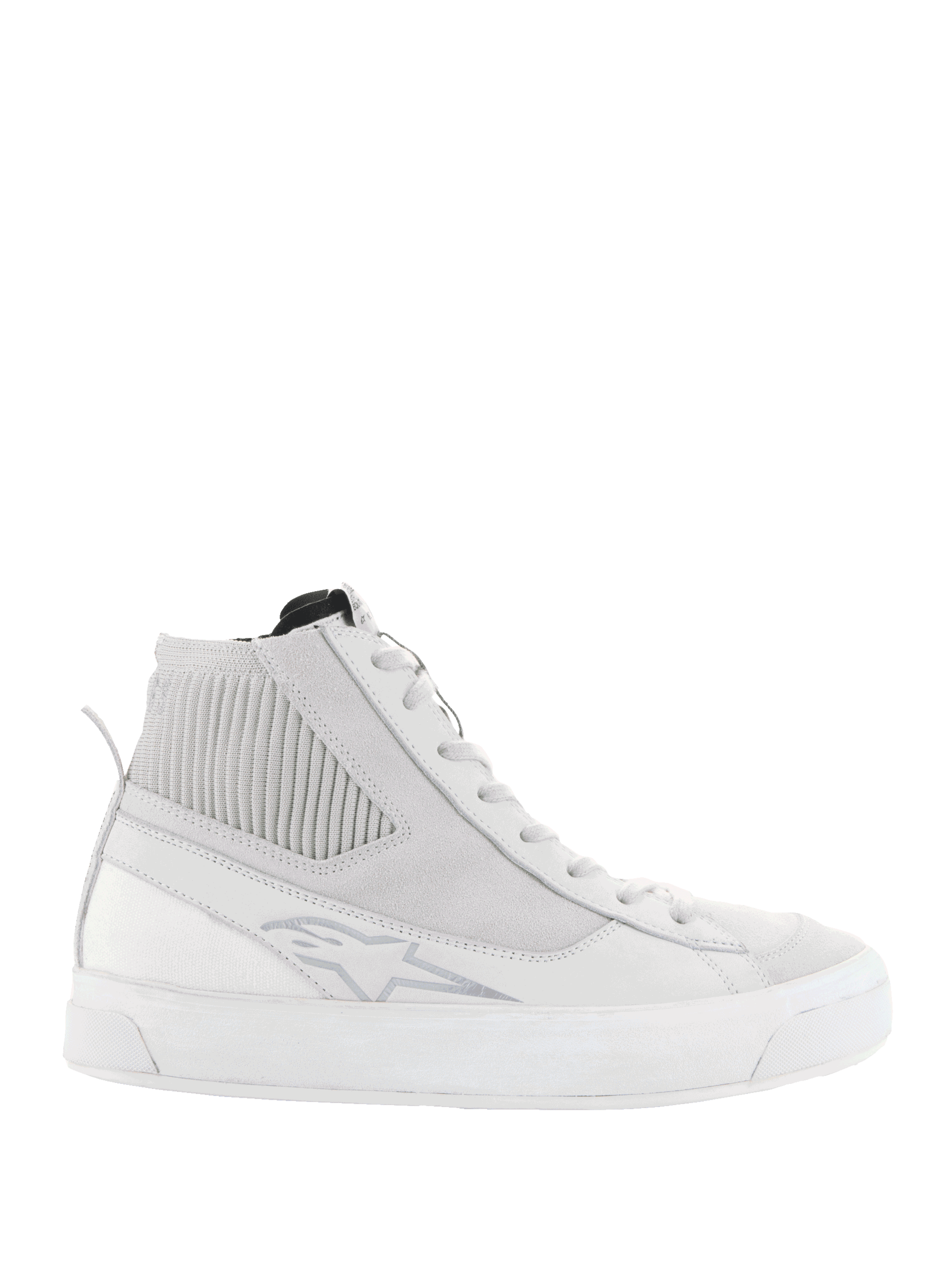 Alpinestars Stella Stated Podium Schuhe, Damen-High-Top-Fahrsneaker, Weiß und Cool Gray, mit dicker weißer vulkanisierter Sohle, geripptem Textil-Knöchelpanel, Schnürung und dezentem Logo-Detail, Retro-Urban-Skate-inspiriertes Design