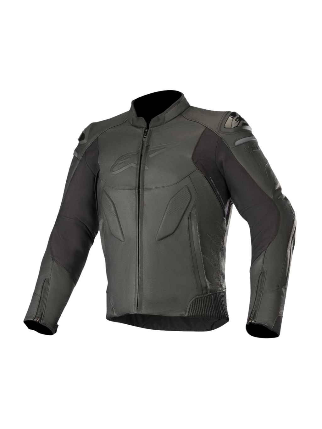 Alpinestars Caliber Lederjacke, Schwarz, Motorrad-Straßenausrüstung, hochwertige Lederkonstruktion mit perforierten Einsätzen, externe DFS Schulter-Slider, Frontreißverschluss, Ärmelbündchen mit Reißverschluss, dezent geprägtes Logo auf der Brust