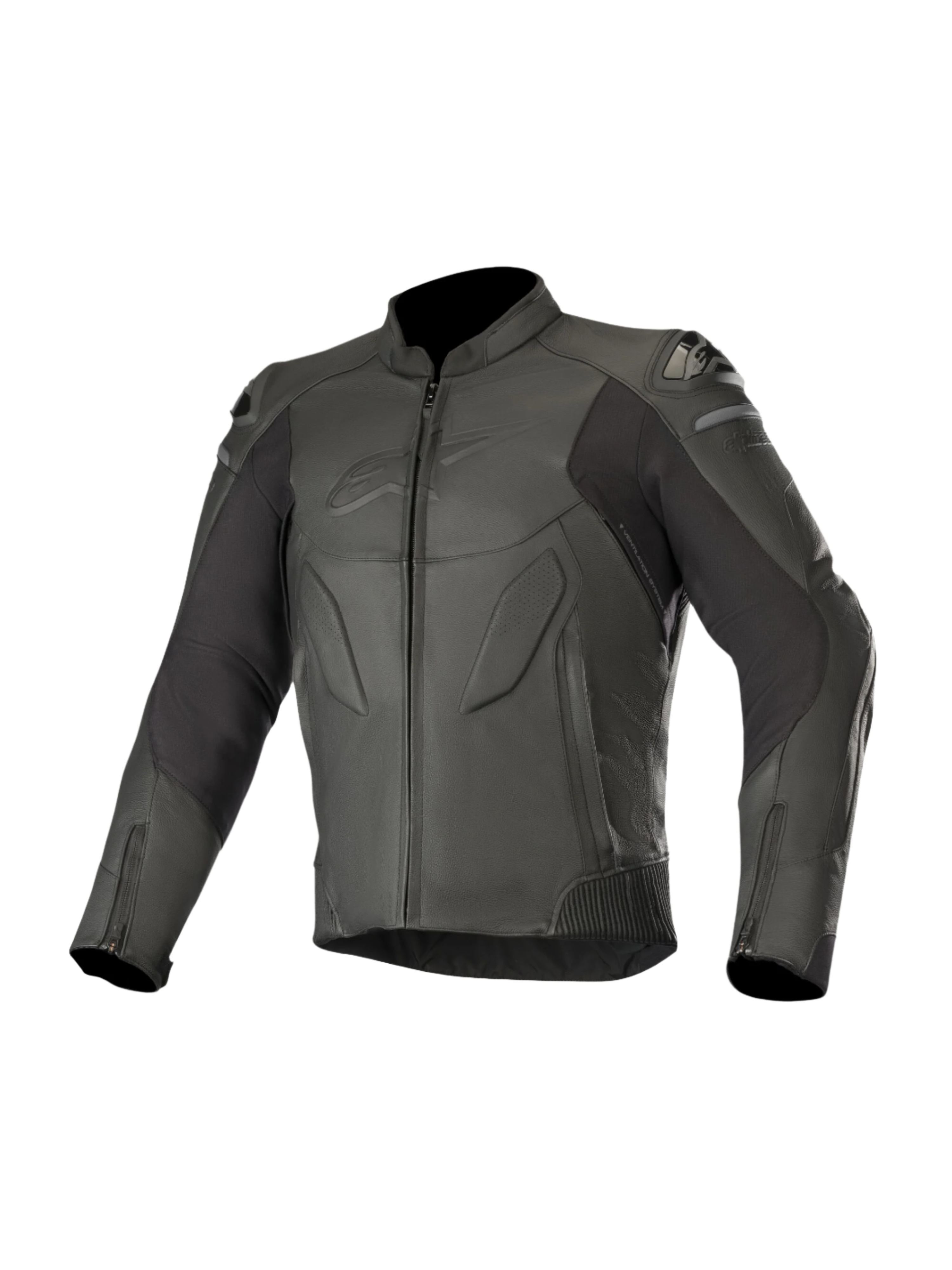 Alpinestars Caliber Lederjacke, Schwarz, Motorrad-Straßenausrüstung, hochwertige Lederkonstruktion mit perforierten Einsätzen, externe DFS Schulter-Slider, Frontreißverschluss, Ärmelbündchen mit Reißverschluss, dezent geprägtes Logo auf der Brust