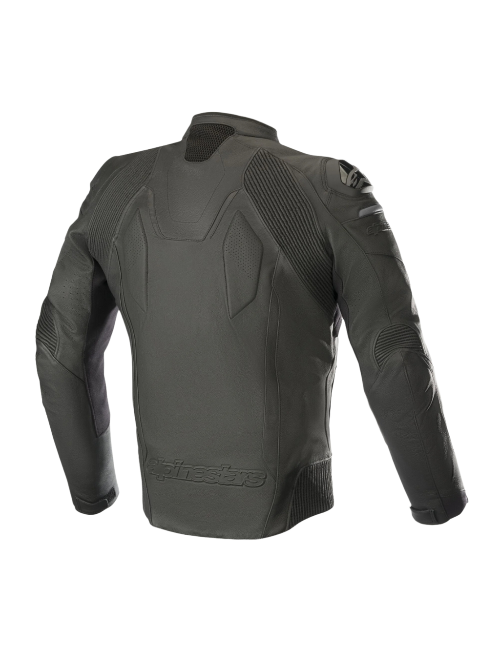 Alpinestars Caliber Lederjacke, Schwarz, Rückansicht mit hochwertiger Lederkonstruktion, Akkordeon-Stretcheinsätzen an Schultern und Ellbogen, externen DFS-Schultergleitern und geprägtem Alpinestars-Branding am unteren Rücken