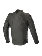 Alpinestars Caliber Lederjacke, Schwarz, Rückansicht mit hochwertiger Lederkonstruktion, Akkordeon-Stretcheinsätzen an Schultern und Ellbogen, externen DFS-Schultergleitern und geprägtem Alpinestars-Branding am unteren Rücken