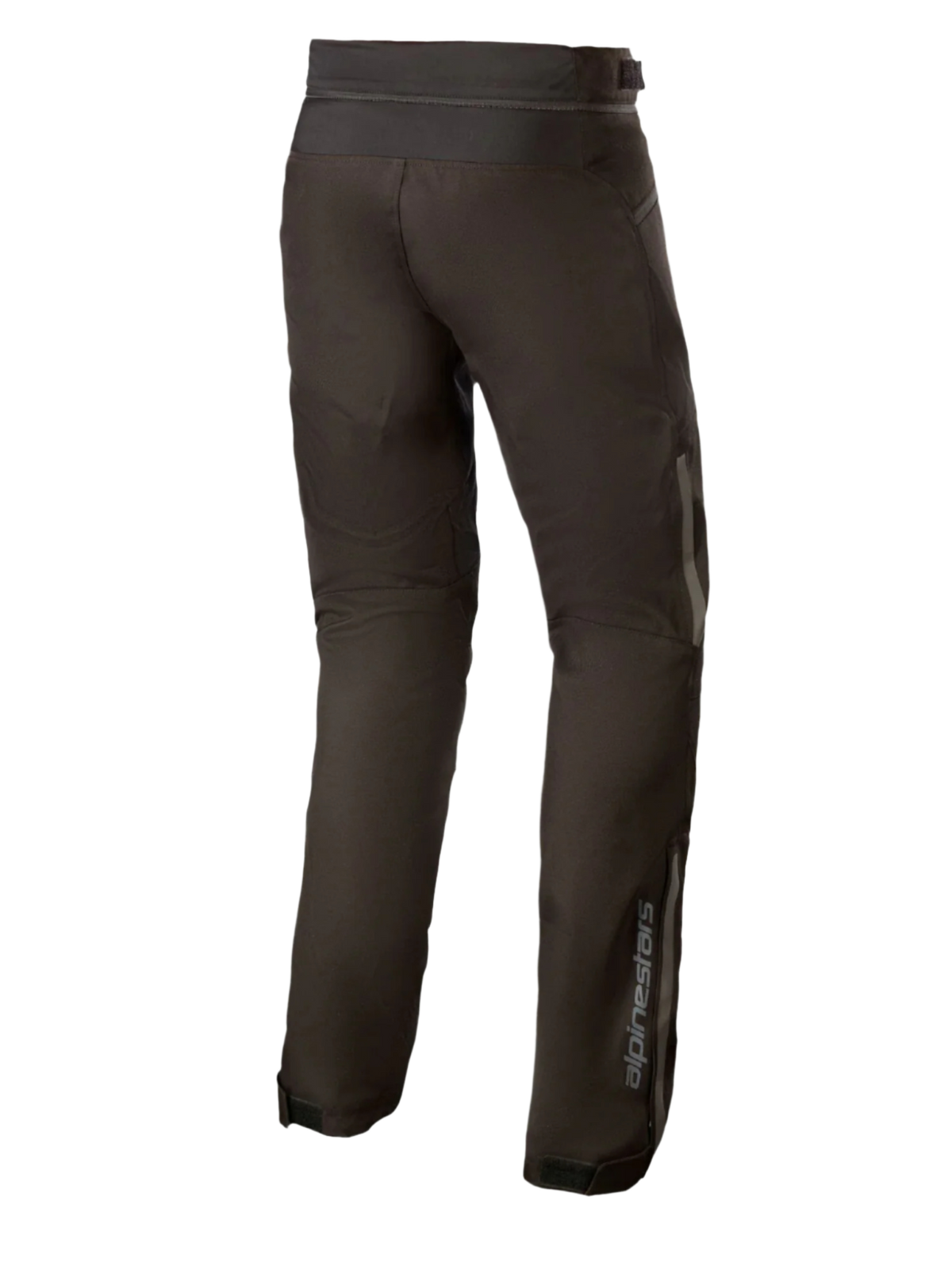 Alpinestars AST-1 V2 Wasserdichte Hose Long, schwarze Textil-Motorradhose, Rückansicht mit reflektierenden Details und vertikalem Branding am Unterschenkel, strapazierfähige Allwetter-Ausrüstung