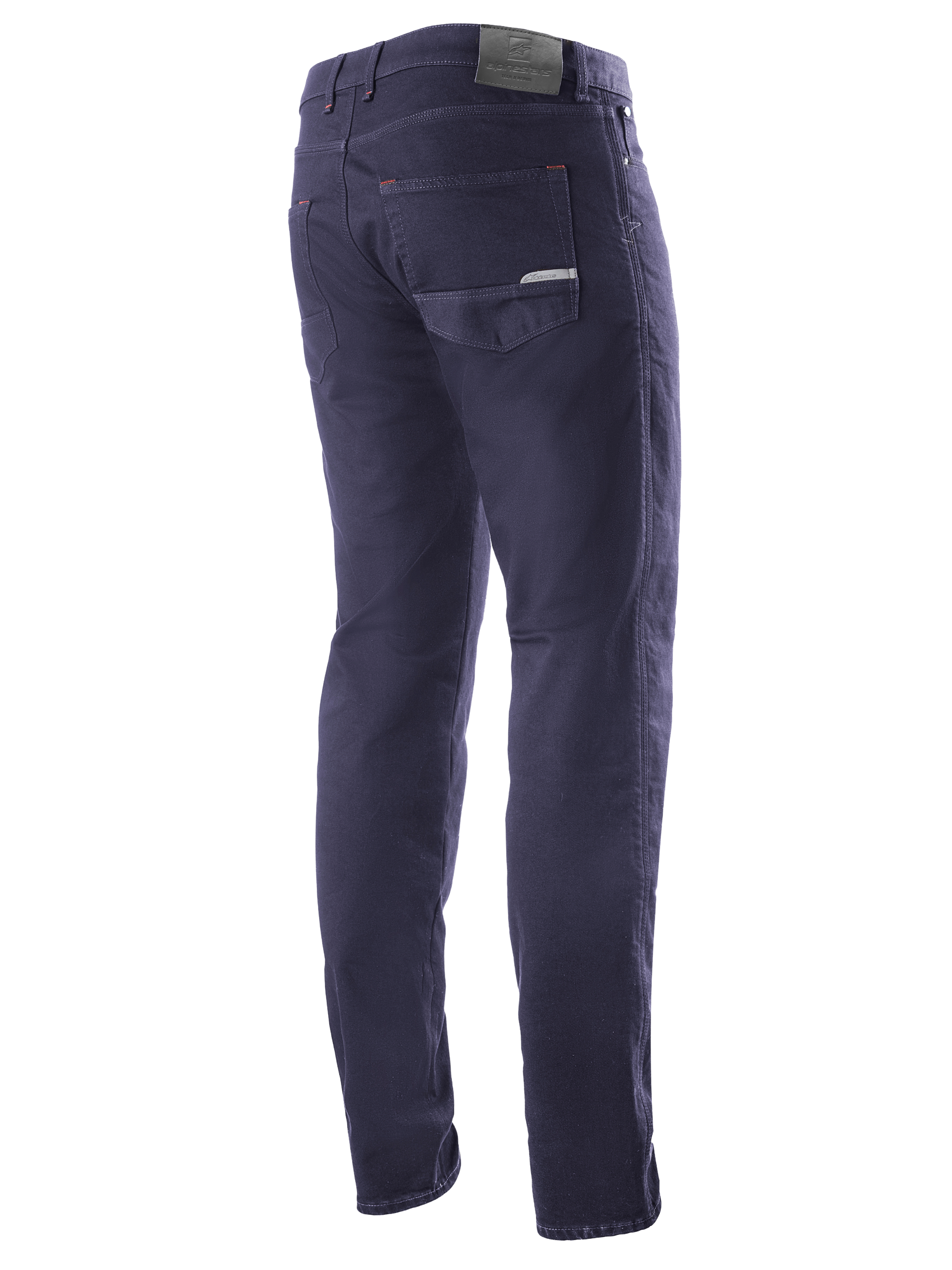 Alpinestars Copper V2 Denim Hose Kurze Länge, Rinse Blue, Dreiviertel-Ansicht von hinten mit Fokus auf Gesäßtaschen und Leder-Patch am Hosenbund, urbane Motorrad-Jeans im klassischen Denim-Look