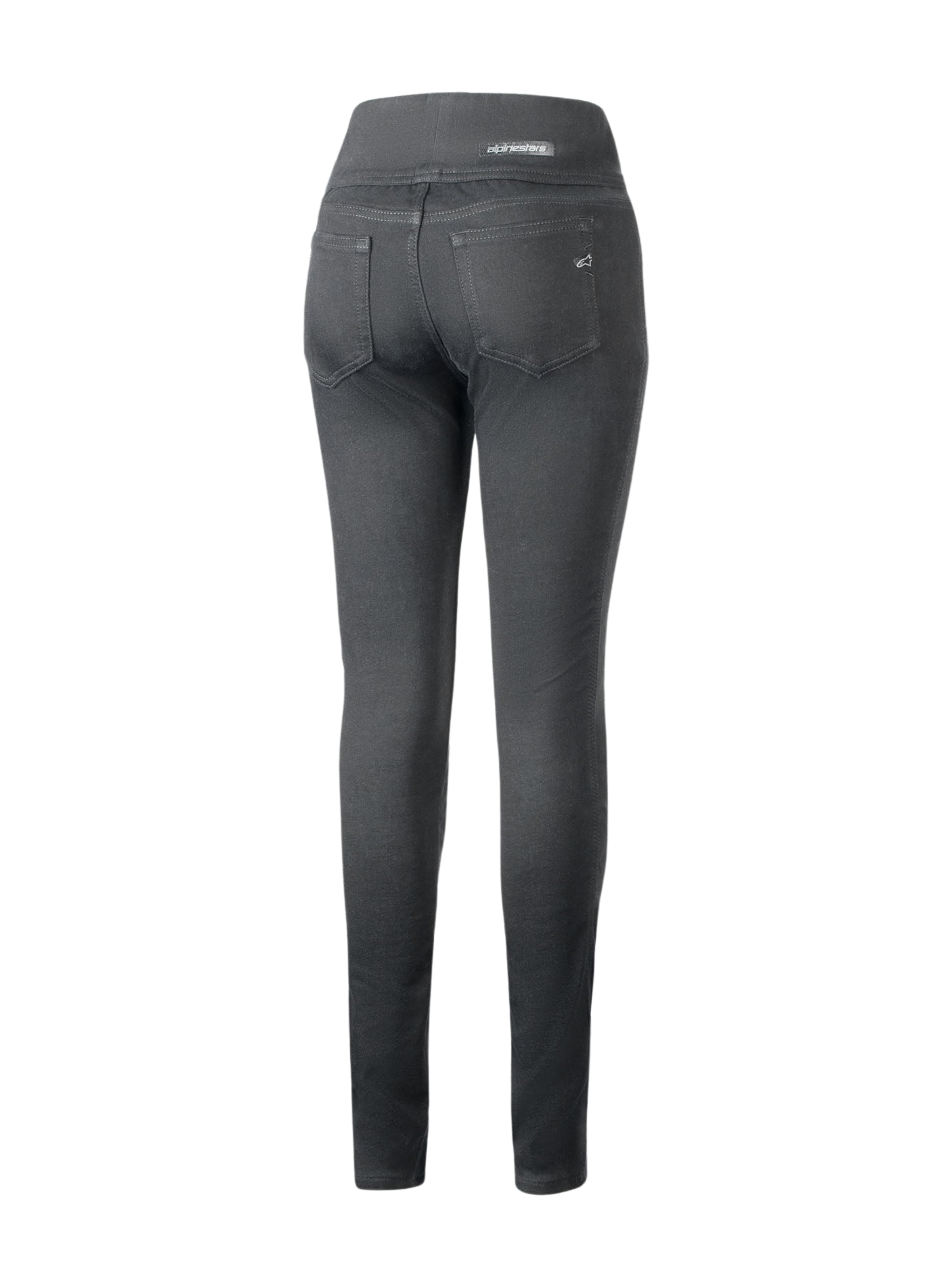 Alpinestars Shuri Damen-Leggings Summer, Schwarz, Rückansicht von schmal geschnittenen Motorrad-Leggings, mit High-Waist-Design, zwei Gesäßtaschen und dezentem Alpinestars-Branding an der Tasche und am Bund