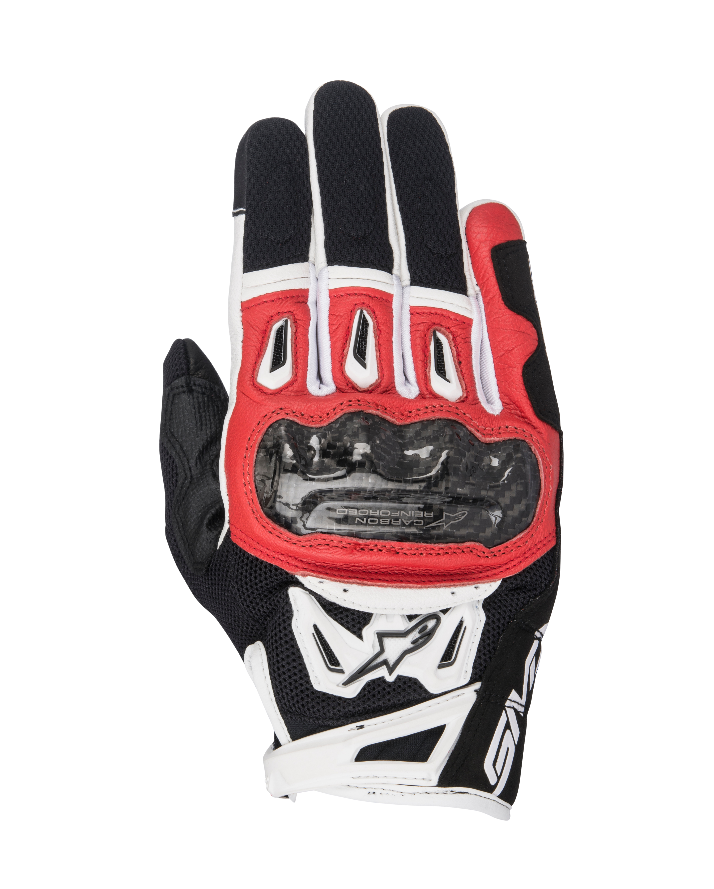 Alpinestars SMX-2 Air Carbon V2 Handschuhe, Motorradhandschuhe, Schwarz, Rot und Weiß, mit Carbon-Knöchelschutz, atmungsaktiven 3D-Mesh-Einsätzen und Alpinestars-Logo, kurzes Design für sportliches Fahren.