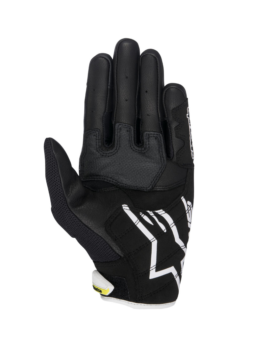 Alpinestars SMX-2 Air Carbon V2 Handschuhe, Motorradhandschuhe, Schwarz und Weiß mit fluoreszierend gelben Akzenten, Handinnenfläche mit Leder- und 3D-Mesh-Konstruktion, verstärkte Griffeinsätze, weißes Alpinestars-Logo an der Manschette