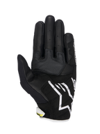 Alpinestars SMX-2 Air Carbon V2 Handschuhe, Motorradhandschuhe, Schwarz und Weiß mit fluoreszierend gelben Akzenten, Handinnenfläche mit Leder- und 3D-Mesh-Konstruktion, verstärkte Griffeinsätze, weißes Alpinestars-Logo an der Manschette