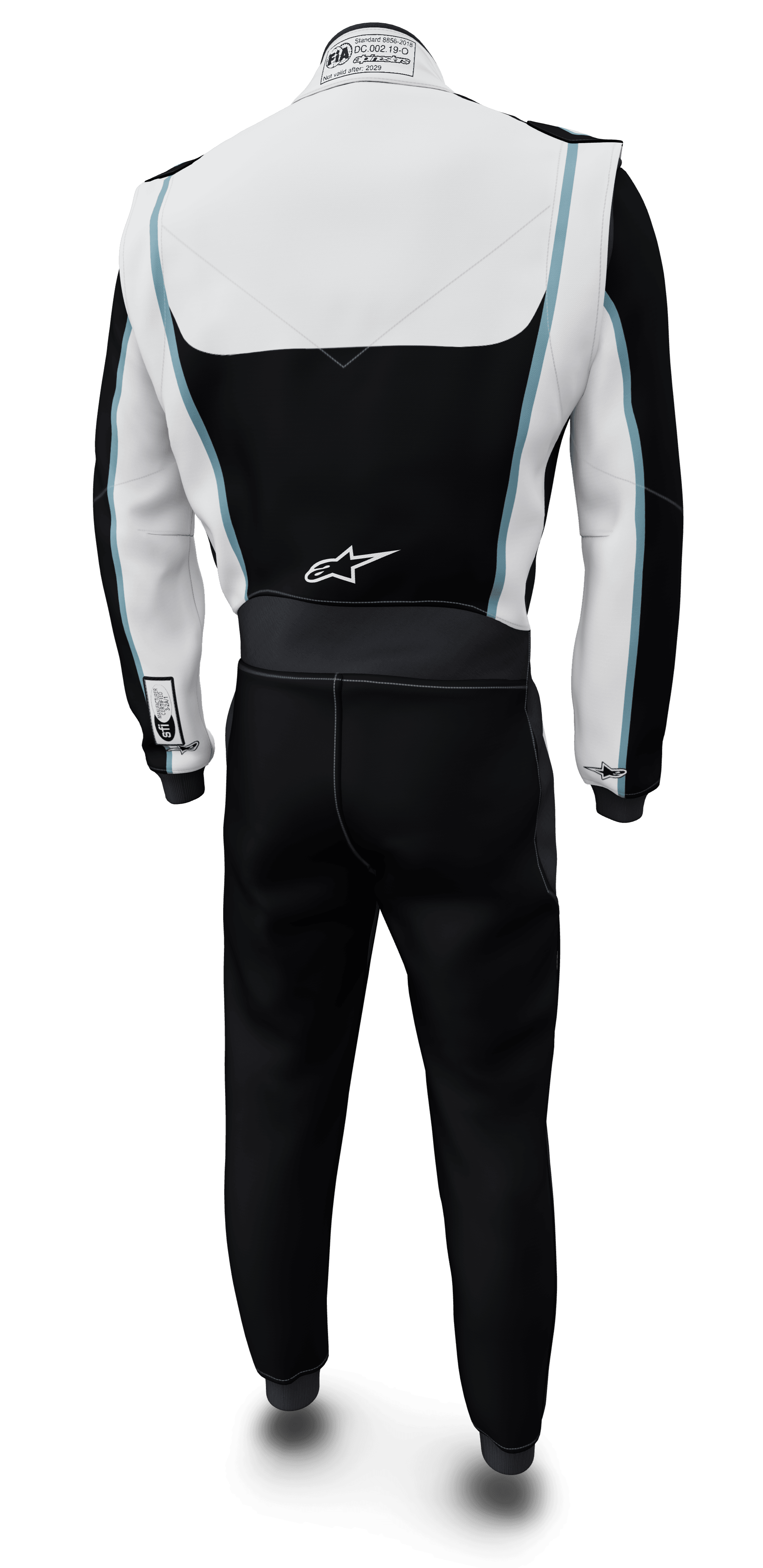 Alpinestars Tech Vision V3 Auto Racing Suit, rear view in black and white with blue accents, FIA/SFI certified Nomex.