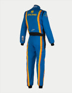 Alpinestars Tech Vision V3 Custom Suit, professional auto racing suit, back view in blue with orange and yellow stripes, featuring 'RACING' branding and Alpinestars star logo, black stretch panels at the waist and black cuffs, lightweight and breathable motorsport gear