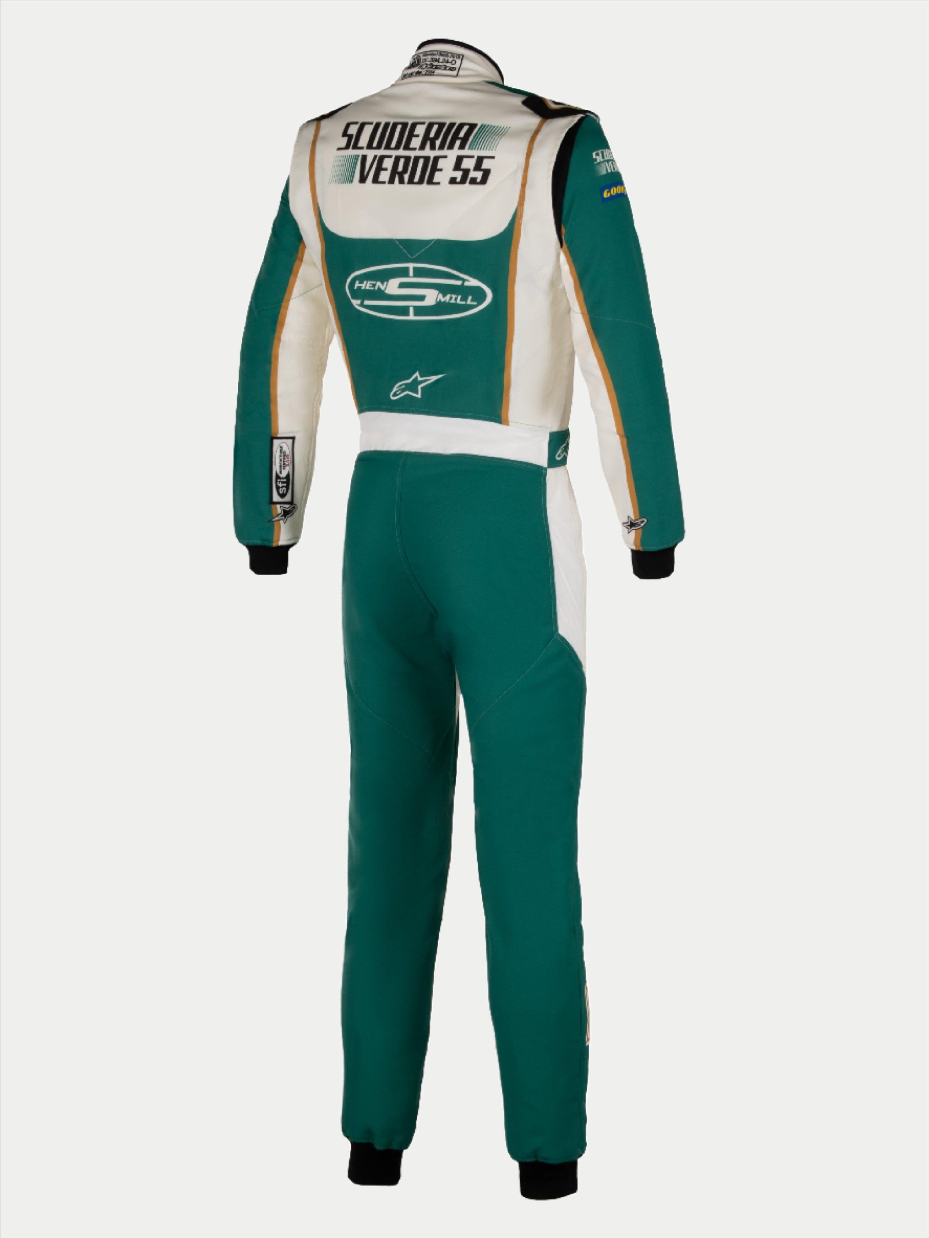 Alpinestars Tech Vision V3 Custom Auto Racing Suit, teal and white Nomex, FIA certified, rear view with custom logos.