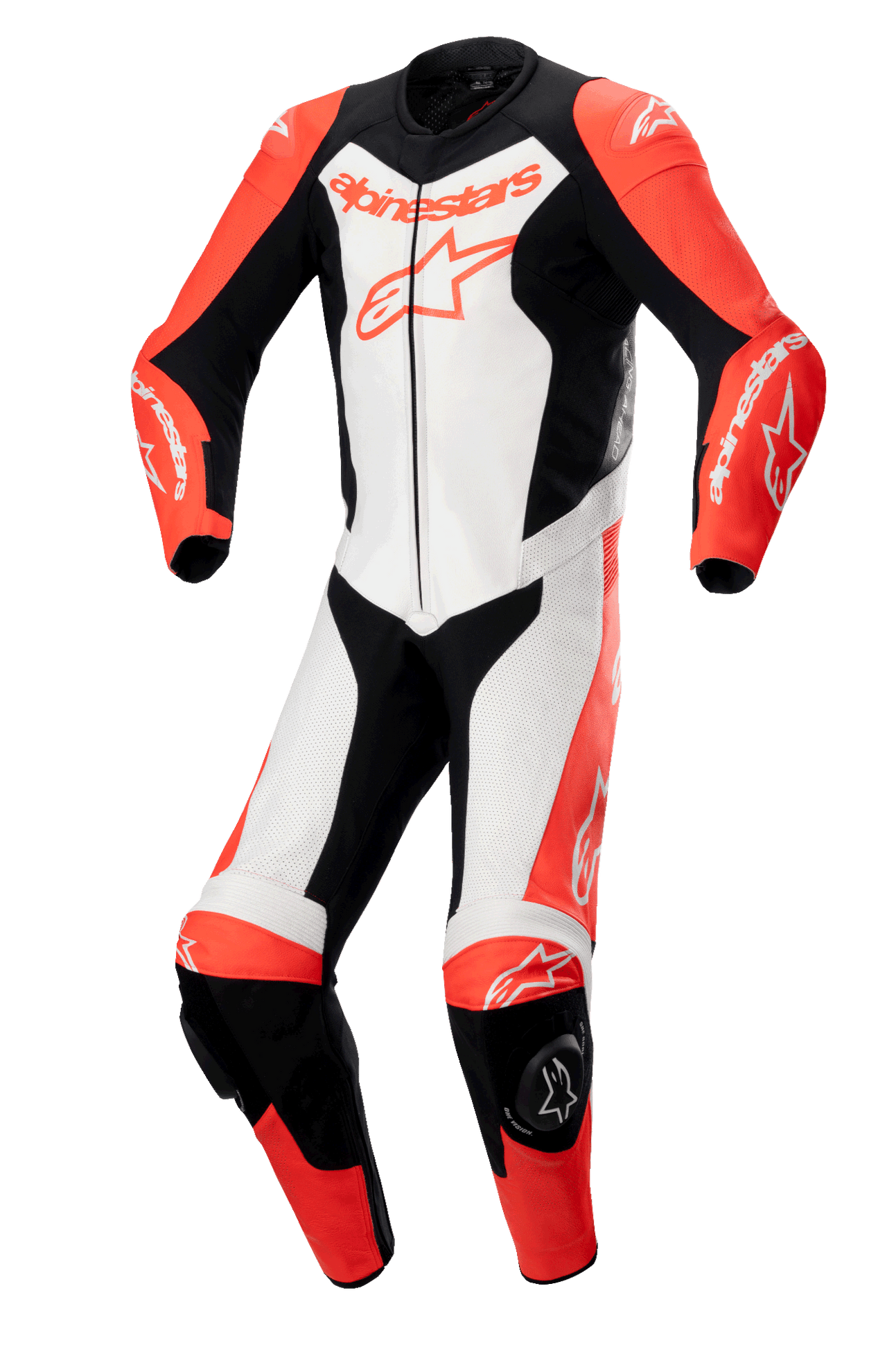 Alpinestars GP Force Lurv 1-teilige Lederkombi, Professioneller Motorrad-Rennanzug, Rot Fluo, Weiß und Schwarz, aus hochwertigem Rindsleder mit perforierten Einsätzen, DFS Lite Schulterprotektoren, Knieschleifern und markantem Alpinestars-Branding.