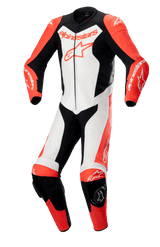Alpinestars GP Force Lurv 1-teilige Lederkombi, Professioneller Motorrad-Rennanzug, Rot Fluo, Weiß und Schwarz, aus hochwertigem Rindsleder mit perforierten Einsätzen, DFS Lite Schulterprotektoren, Knieschleifern und markantem Alpinestars-Branding.