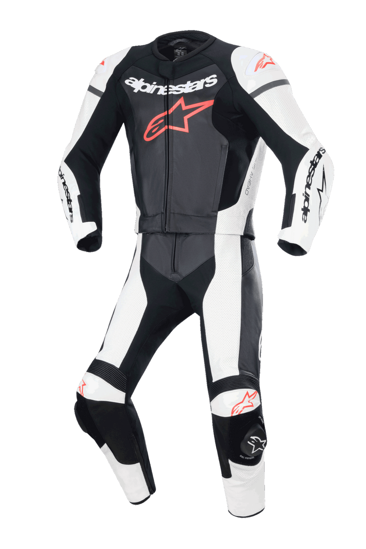 Alpinestars GP Force Lurv 2-Piece Leather Suit, Two-Piece Motorcycle Racing Suit, Black White and Red Fluo, featuring bold Alpinestars branding on the chest, perforated leather panels for ventilation, and integrated protective armor for trackday performance