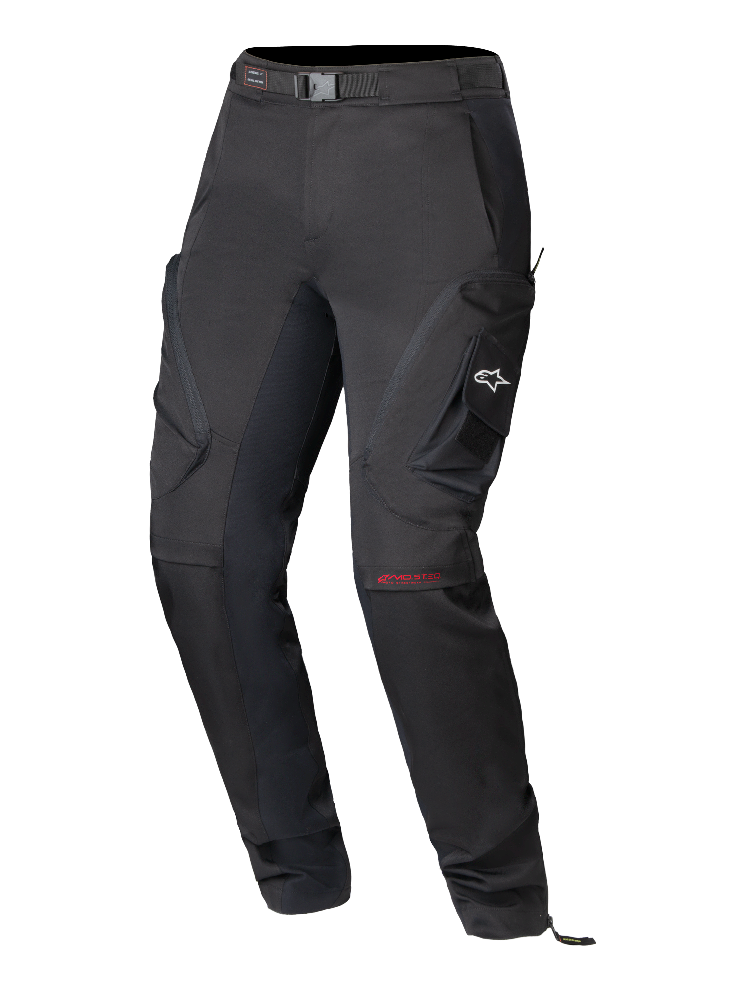 Alpinestars Actea Damenhose, schwarze Motorradhose, technisches Straßendesign mit seitlichen Cargotaschen, weißes A-Star-Logo, rotes MO.ST.EQ-Branding am Knie, integrierter Hüftgurt und moderne, schmal zulaufende Passform.