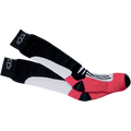 Alpinestars Road Racing Summer Socks, Schwarz, Weiß und Rot, wadenlange Motorrad-Rennsocken mit schwarzen Bündchen und weißem Logo, weißer grafischer Mittelteil und roter Fußbereich, atmungsaktive sportliche Konstruktion
