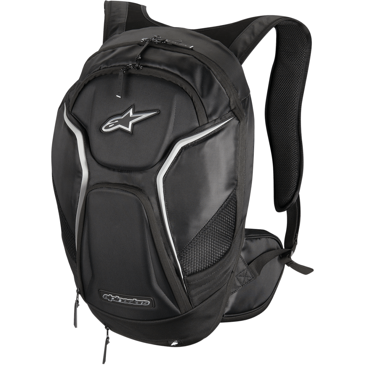 Alpinestars Tech Aero Backpack, Motorcycle Riding Backpack, Black with White and Silver accents, aerodynamic profile with padded anatomical shoulder straps, multiple zippered compartments, mesh side pockets, and reflective piping