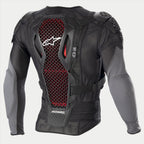 Alpinestars Bionic Plus V2 Schutzjacke, Motocross-Schutzjacke, Schwarz und Anthrazit-Grau mit roten Waben-Details, Rückansicht zeigt den Level 2 Nucleon Cell Technologie Rückenprotektor, perforiertes Mesh-Gewebe und integrierte Schulter- und Ellbogenprotektoren.