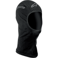 Alpinestars Open-Face Sturmhaube, Motorrad-Base-Layer, Schwarz, mit silbernen Alpinestars-Logos auf der Stirn und Seite, weiches feuchtigkeitsableitendes Material mit Flachnähten und verlängertem Nackenbereich für Abdeckung
