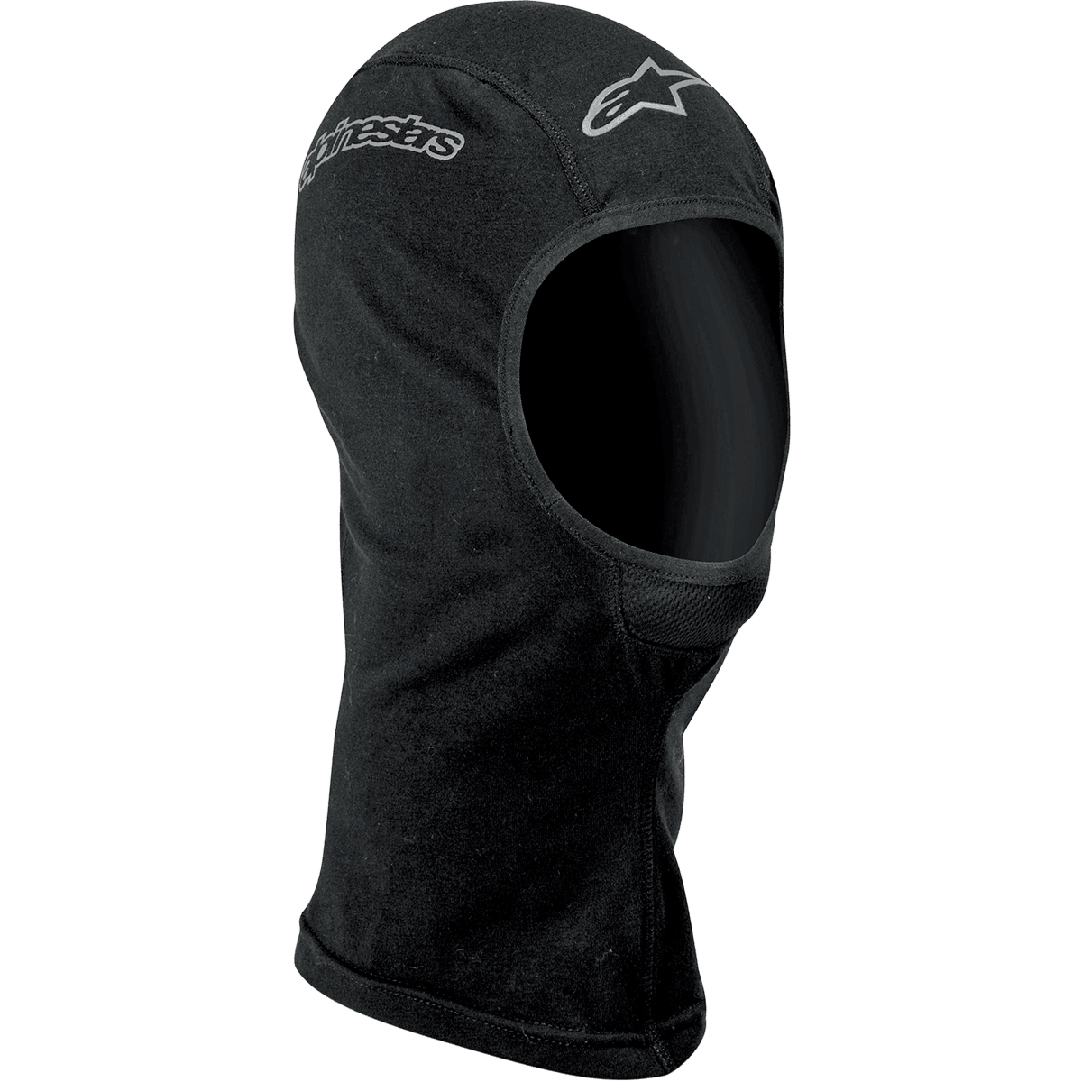 Alpinestars Open-Face Sturmhaube, Motorrad-Base-Layer, Schwarz, mit silbernen Alpinestars-Logos auf der Stirn und Seite, weiches feuchtigkeitsableitendes Material mit Flachnähten und verlängertem Nackenbereich für Abdeckung